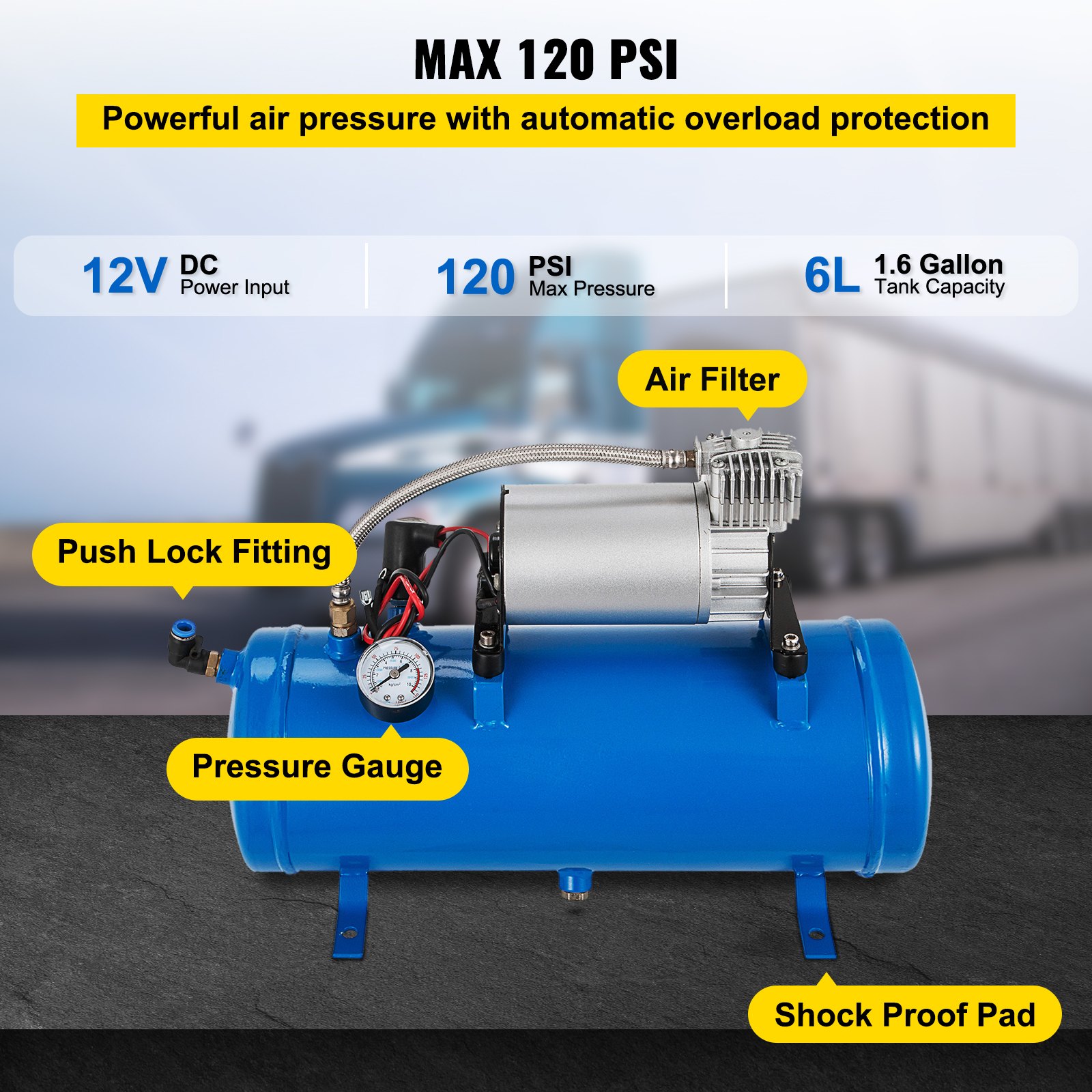 Compresor de aire de bocina de tren VEVOR 12v, 120 psi, tanque de 6 l, conexión de bloqueo a presión, manómetro.