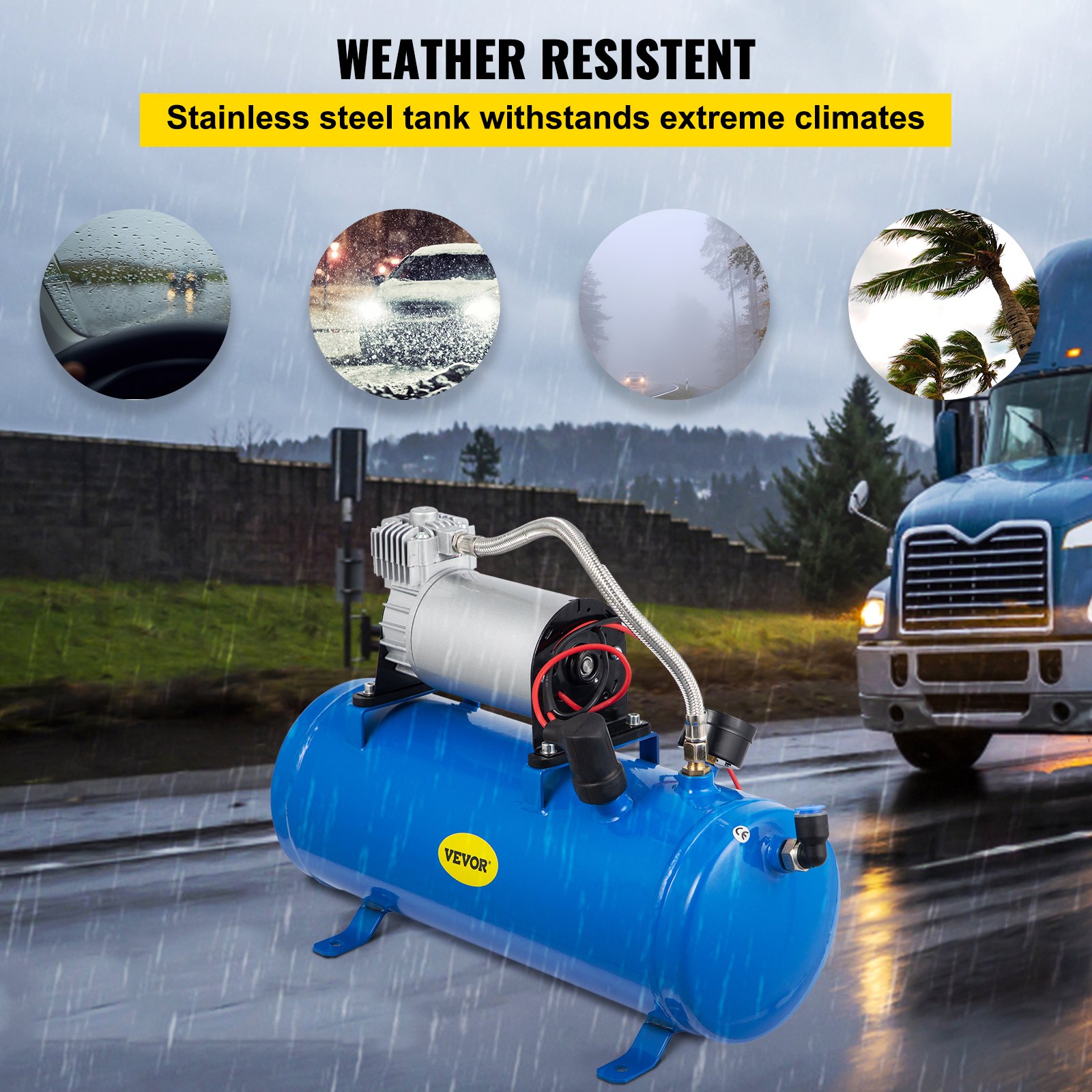Compresor de aire con bocina de tren VEVOR de 12 V para clima lluvioso, con íconos de camión y clima.