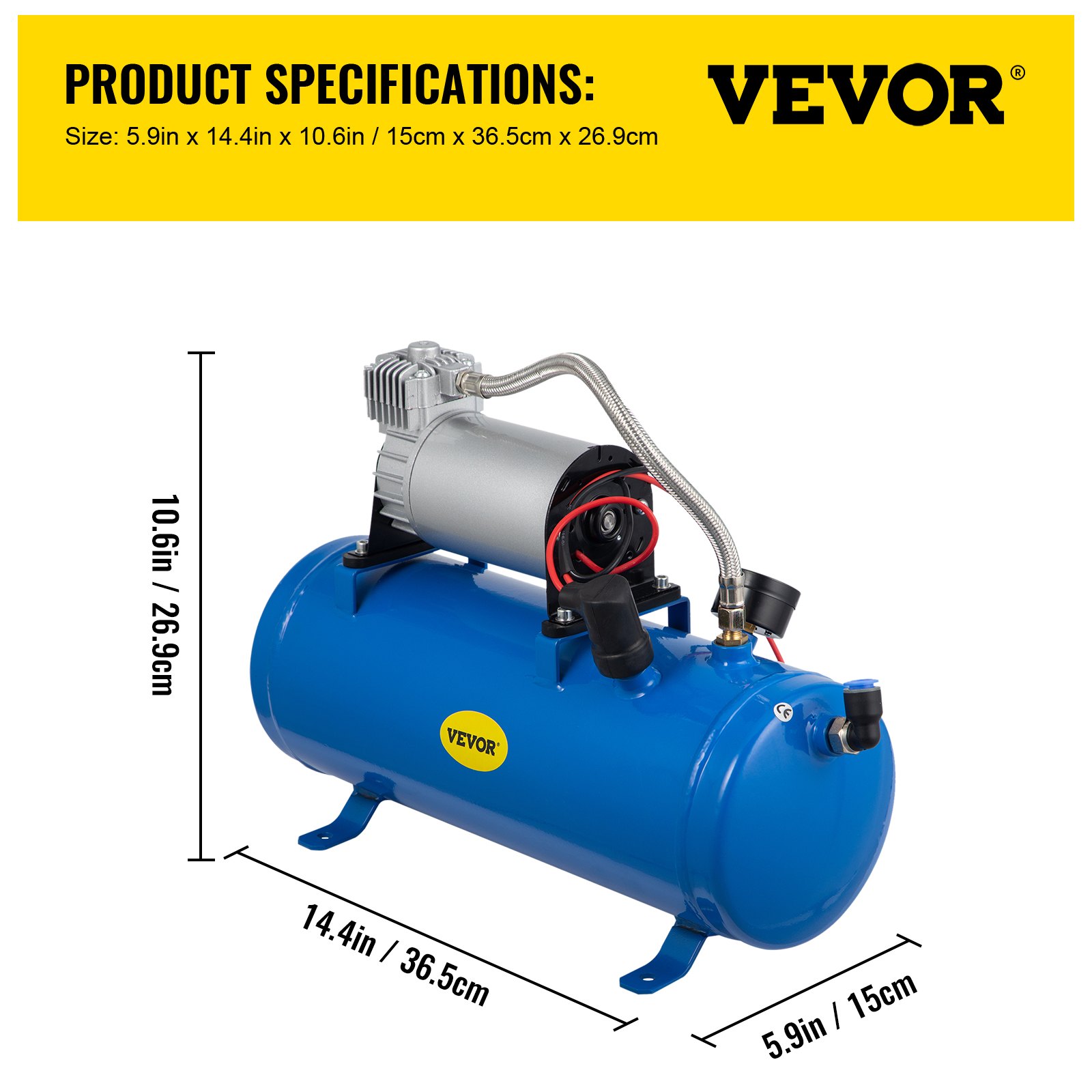 Compresor de aire de bocina de tren VEVOR de 12 V en color azul con dimensiones indicadas.