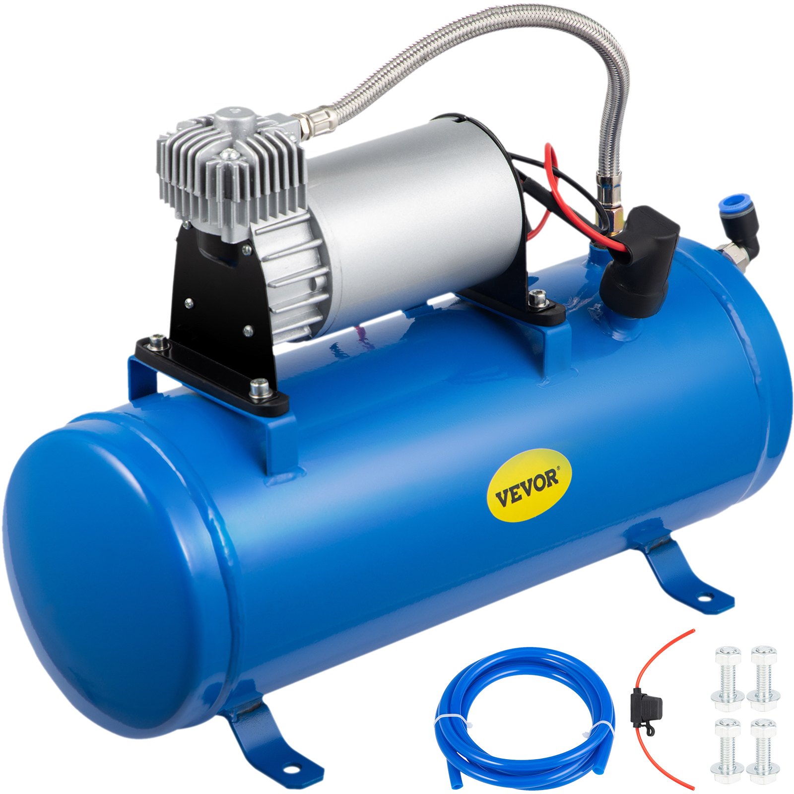 Compresor de aire con bocina de tren VEVOR de 12 V con tanque azul, motor plateado y accesorios.