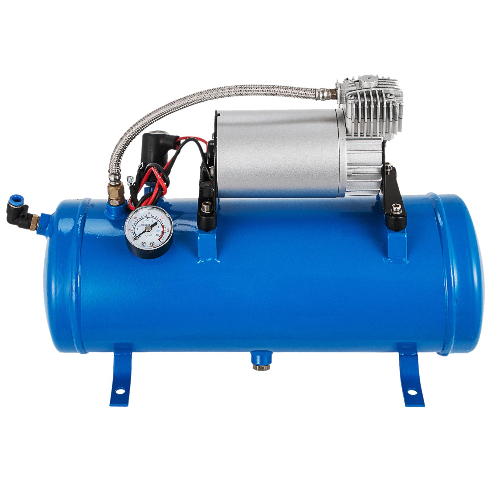 Compresor de aire con bocina de tren VEVOR azul de 12 V con manómetro y carcasa de metal.
