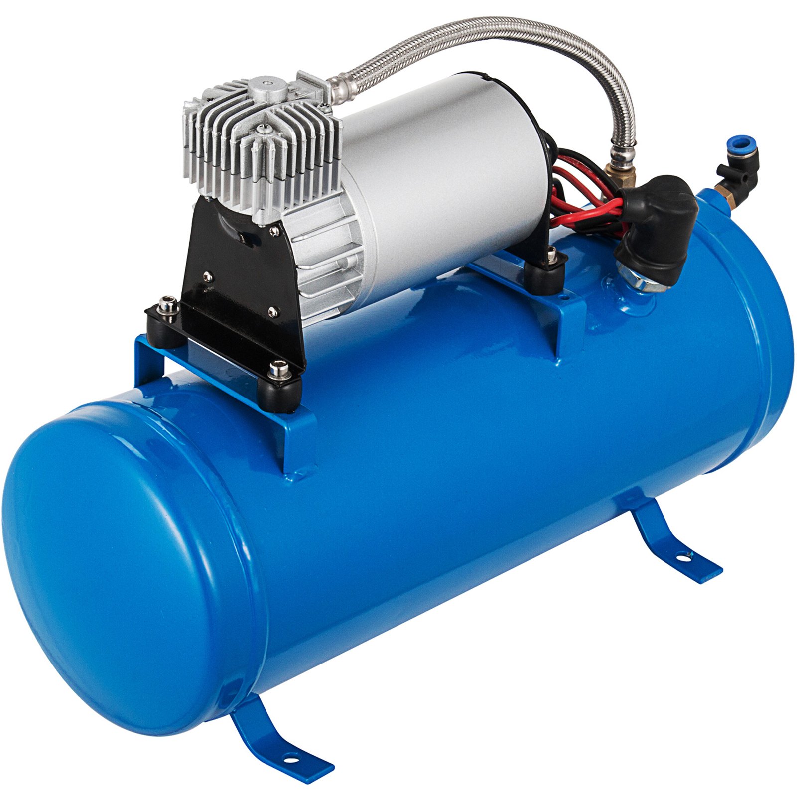 Compresor de aire de bocina de tren VEVOR de 12 V con tanque azul y accesorios de metal.