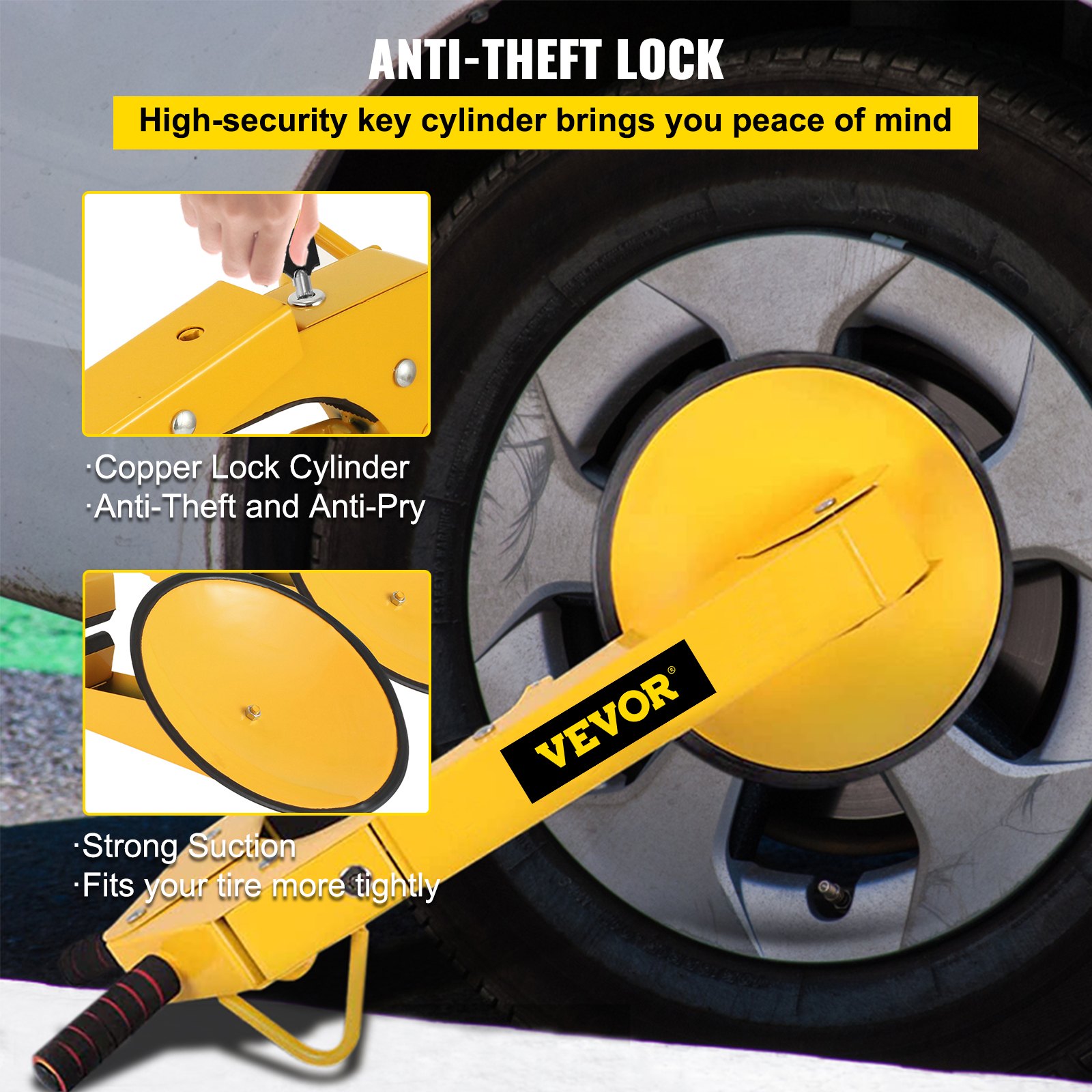 Abrazadera de bloqueo de rueda VEVOR para neumático de automóvil, con diseño antirrobo y cilindro de bloqueo de cobre.