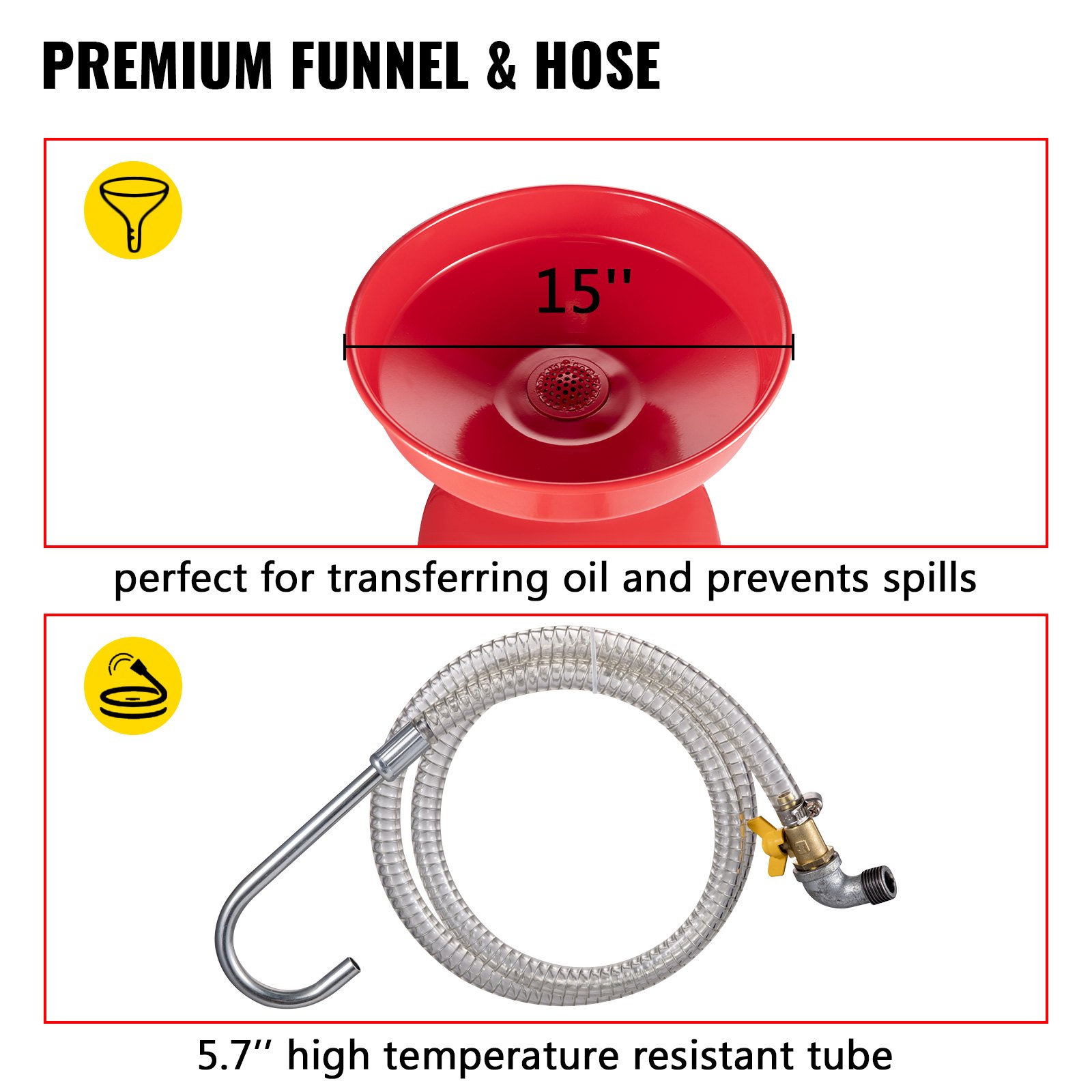 Embudo premium de 15&quot; y manguera de alta temperatura de 5,7&quot; para tanque de drenaje de aceite usado VEVOR.