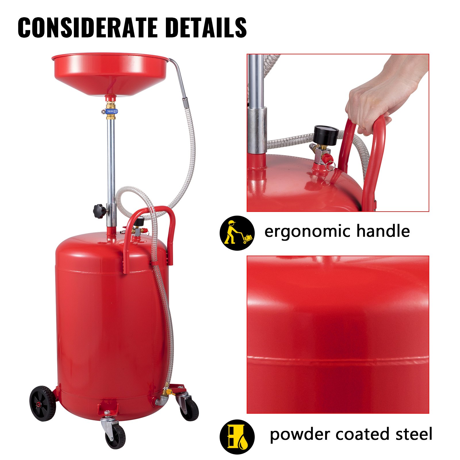 Depósito de drenaje de aceite usado VEVOR de color rojo con mango ergonómico y acero con recubrimiento en polvo.
