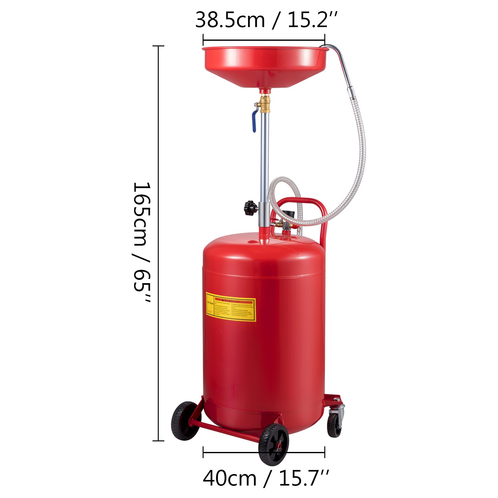 Tanque de drenaje de aceite usado VEVOR rojo con ruedas, dimensiones mostradas.
