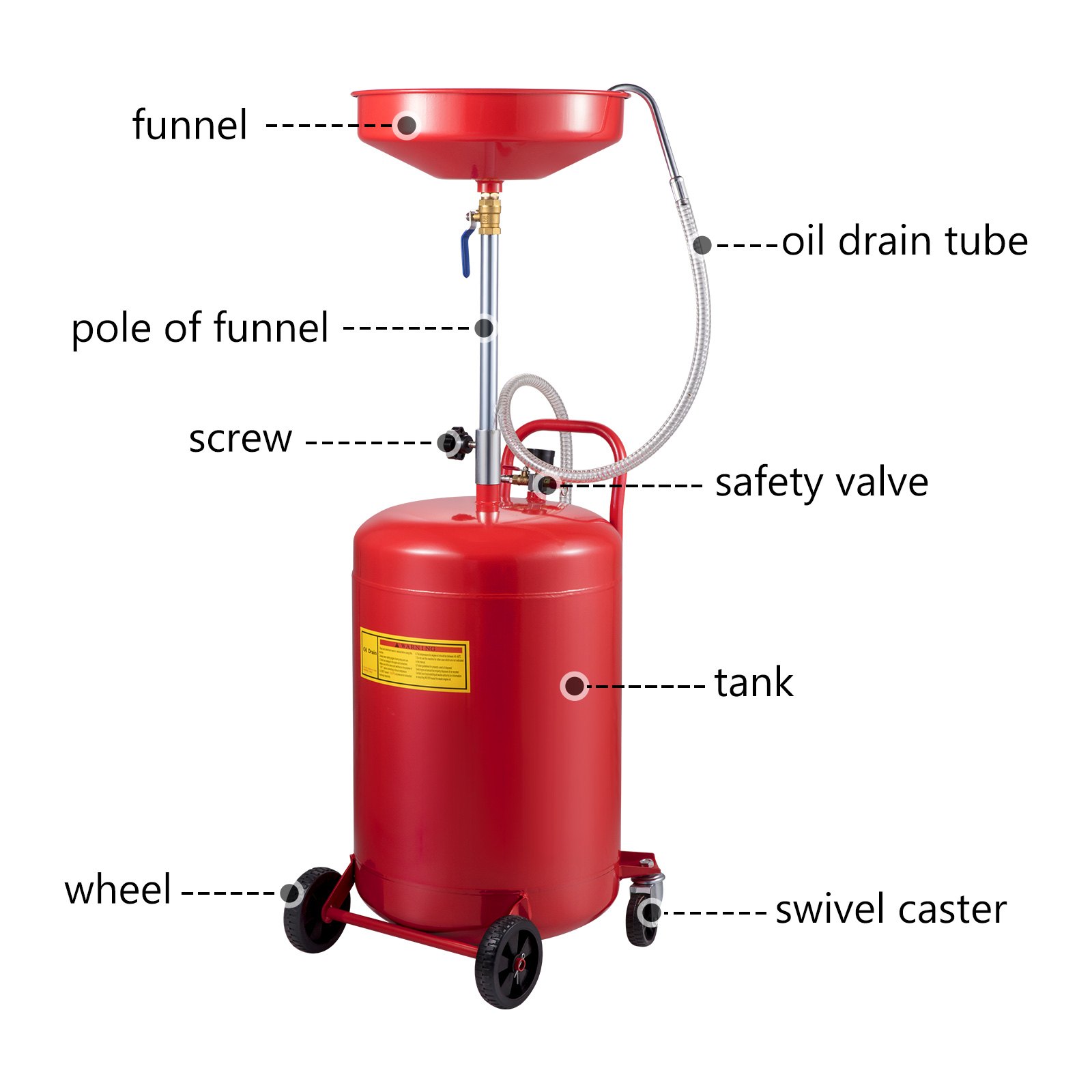 Tanque de drenaje de aceite usado VEVOR rojo con embudo, tubo de drenaje de aceite y ruedas.