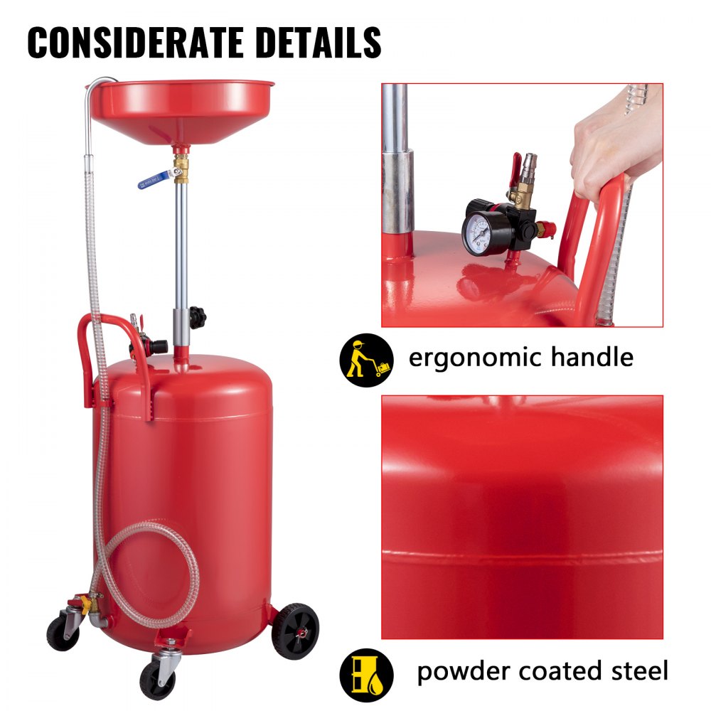 VEVOR Tanque de drenaje de aceite residual de 20 galones, drenaje de aceite portátil, cambio de aceite, contenedor de drenaje de aceite, drenaje de transferencia de combustible fluido, altura de embudo ajustable, con válvula reguladora de presión