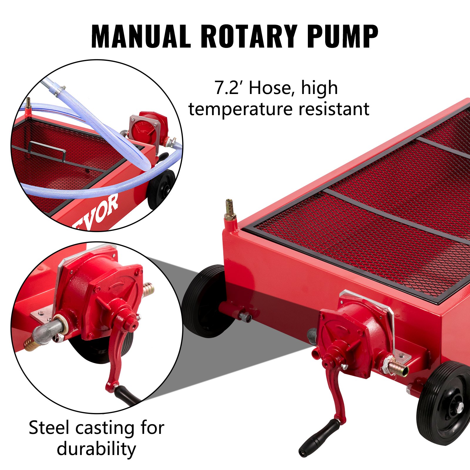 El colector de aceite VEVOR cuenta con una bomba rotativa manual, una manguera de 7,2&#039; y una fundición de acero.