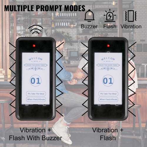 VEVOR F100 Sistema de buscapersonas para restaurantes 10 buscapersonas, Max 98 Beepers Sistema de llamadas inalámbricas, conjunto con vibración, parpadeo y zumbador para iglesia, enfermera, hospital y hotel