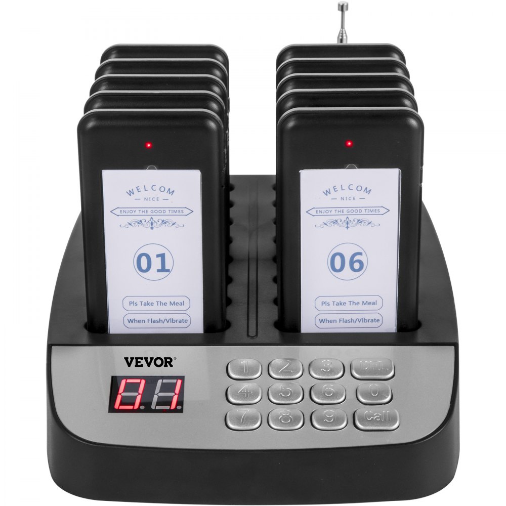 Sistema de buscapersonas para restaurantes VEVOR: estación de carga con ocho buscapersonas, pantalla LED y teclado.