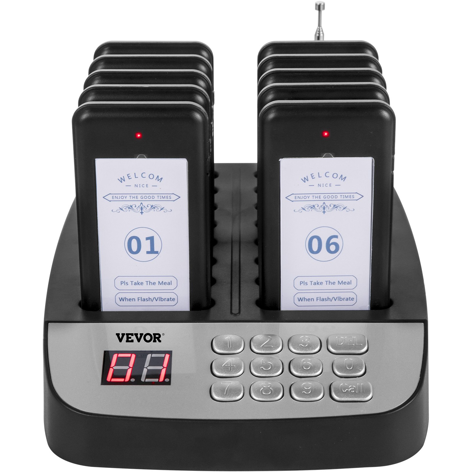 Sistema de buscapersonas para restaurantes VEVOR: estación de carga con ocho buscapersonas, pantalla LED y teclado.
