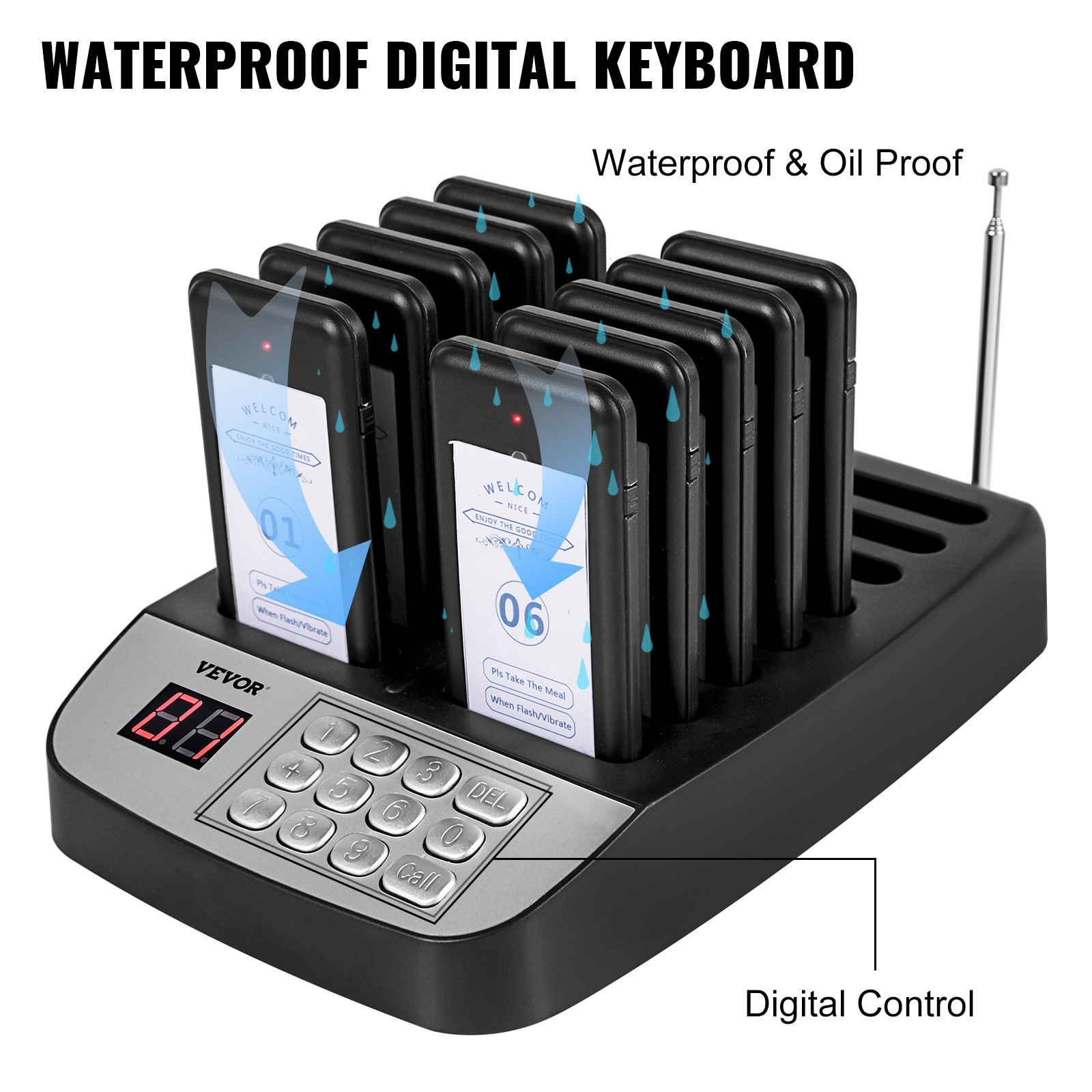 Sistema de buscapersonas para restaurantes VEVOR con teclado digital a prueba de agua y control digital.