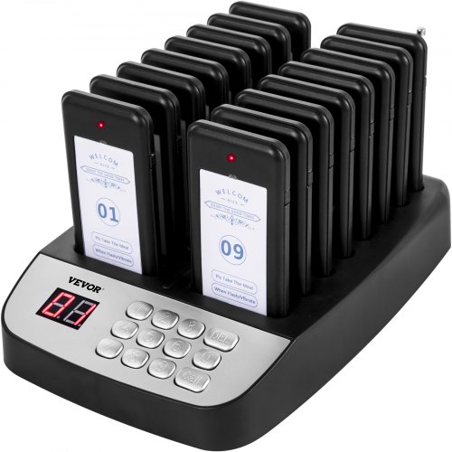 VEVOR F100 Sistema de buscapersonas para restaurantes 16 buscapersonas, Max 98 Beepers Sistema de llamadas inalámbricas, conjunto con vibración, parpadeo y zumbador para iglesia, enfermera, hospital y hotel