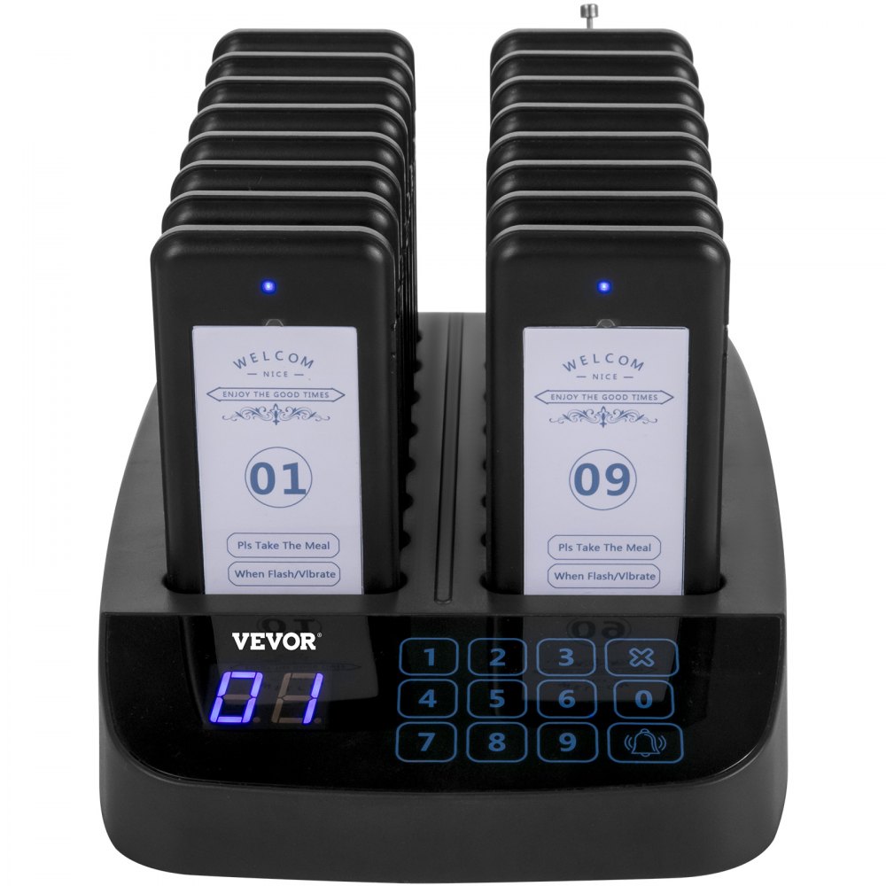 Sistema de buscapersonas para restaurantes VEVOR con buscapersonas numeradas en base de carga con pantalla digital.