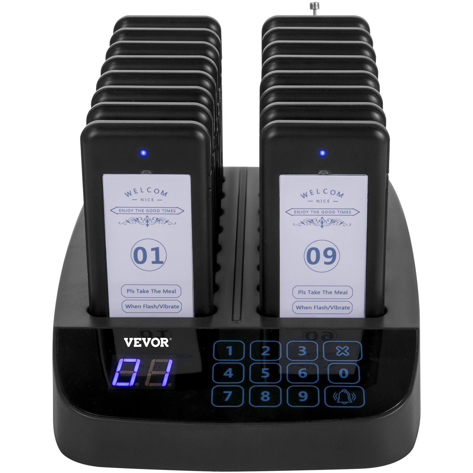 Sistema de buscapersonas para restaurantes VEVOR con buscapersonas numeradas en base de carga con pantalla digital.