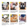 Camarera tomando pedido, entregando el sistema de buscapersonas del restaurante VEVOR al cliente, notificación del buscapersonas, clientes disfrutando de la comida.