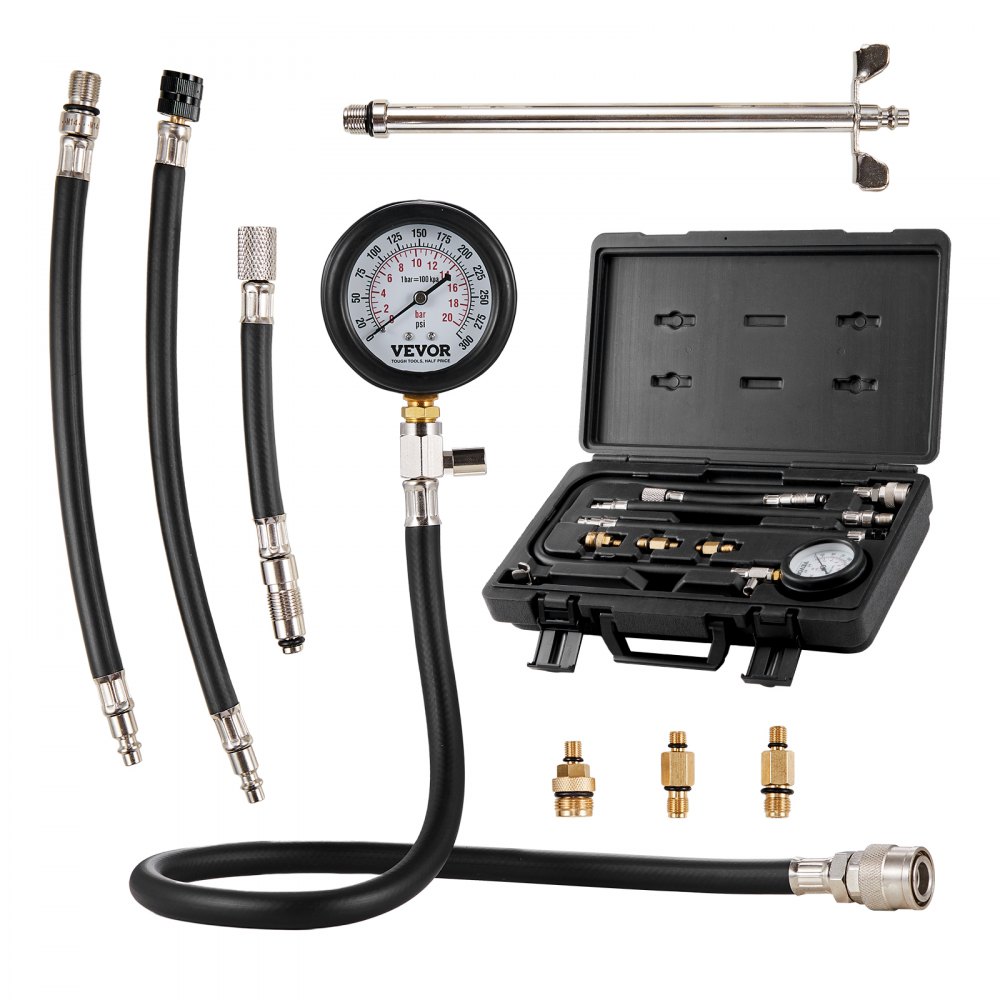 Kit adaptador de comprobador de compresión VEVOR, 9 piezas para prueba de compresión de fugas en cilindros de motor automotriz, manómetro preciso de doble escala de 0 a 300 psi, con mangueras de largo alcance y estuche para cilindros de motor.