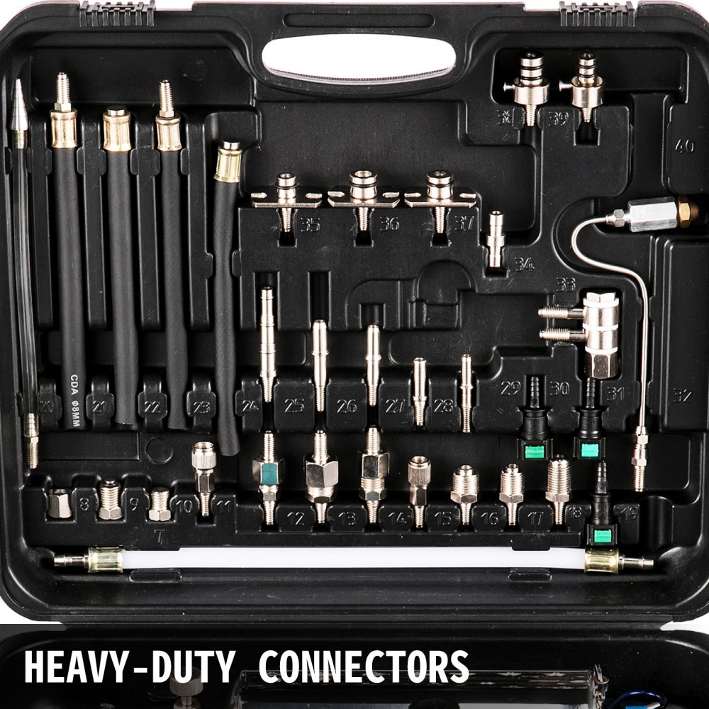 Kit limpiador de inyectores VEVOR con conectores resistentes en un estuche de transporte.