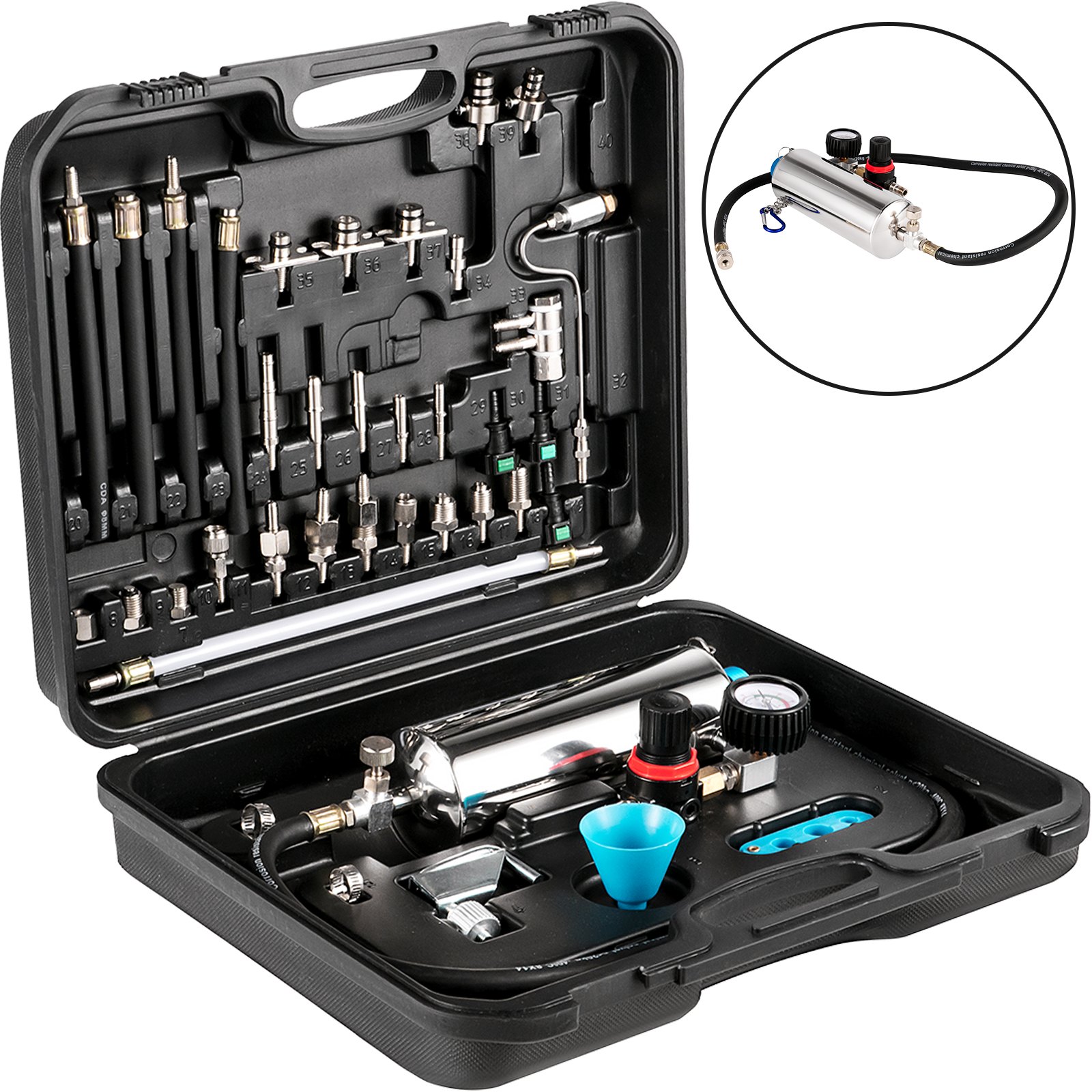 Kit limpiador de inyectores VEVOR en un estuche de transporte negro con varias herramientas y accesorios.