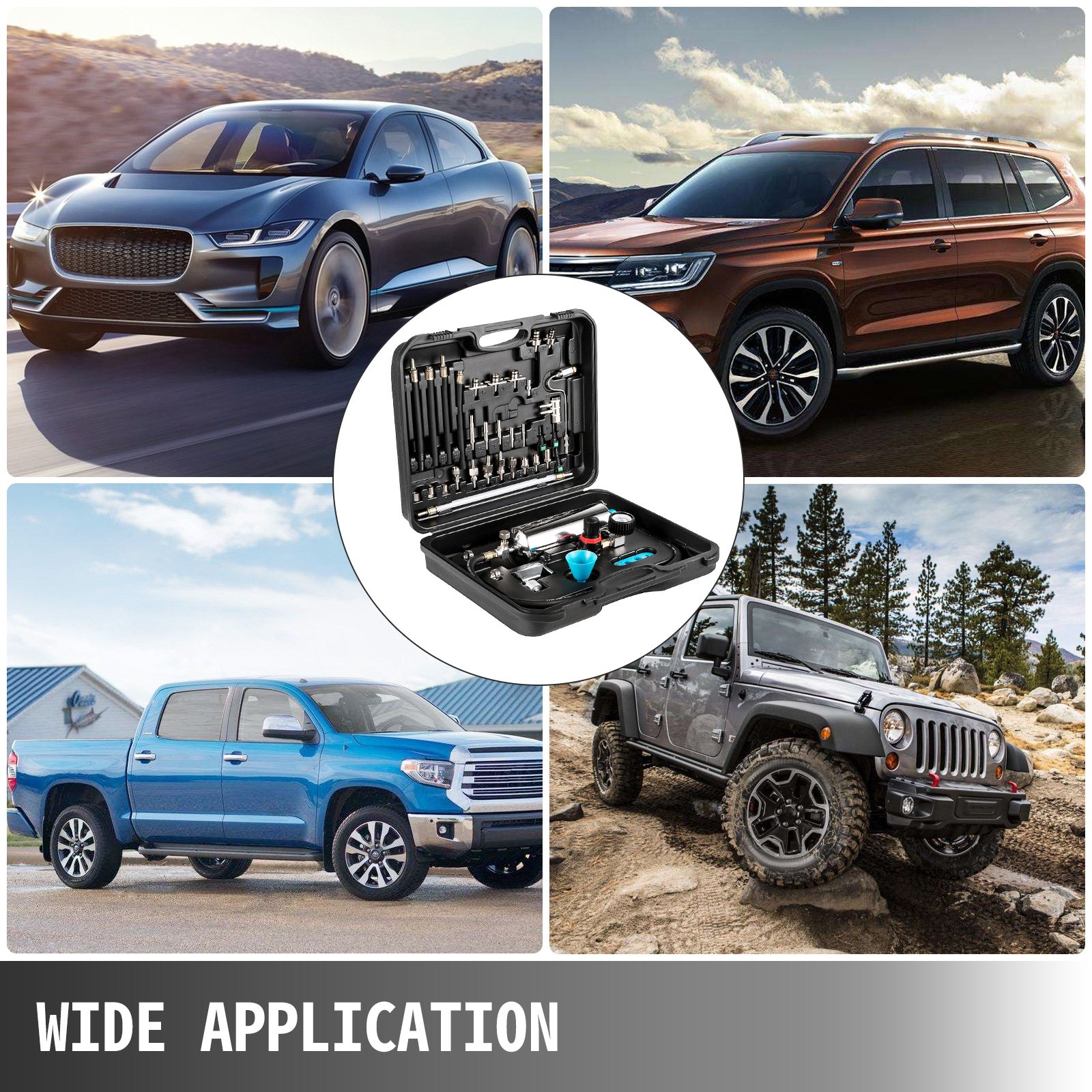 Kit limpiador de inyectores VEVOR con diferentes tipos de automóviles. Amplia aplicación.