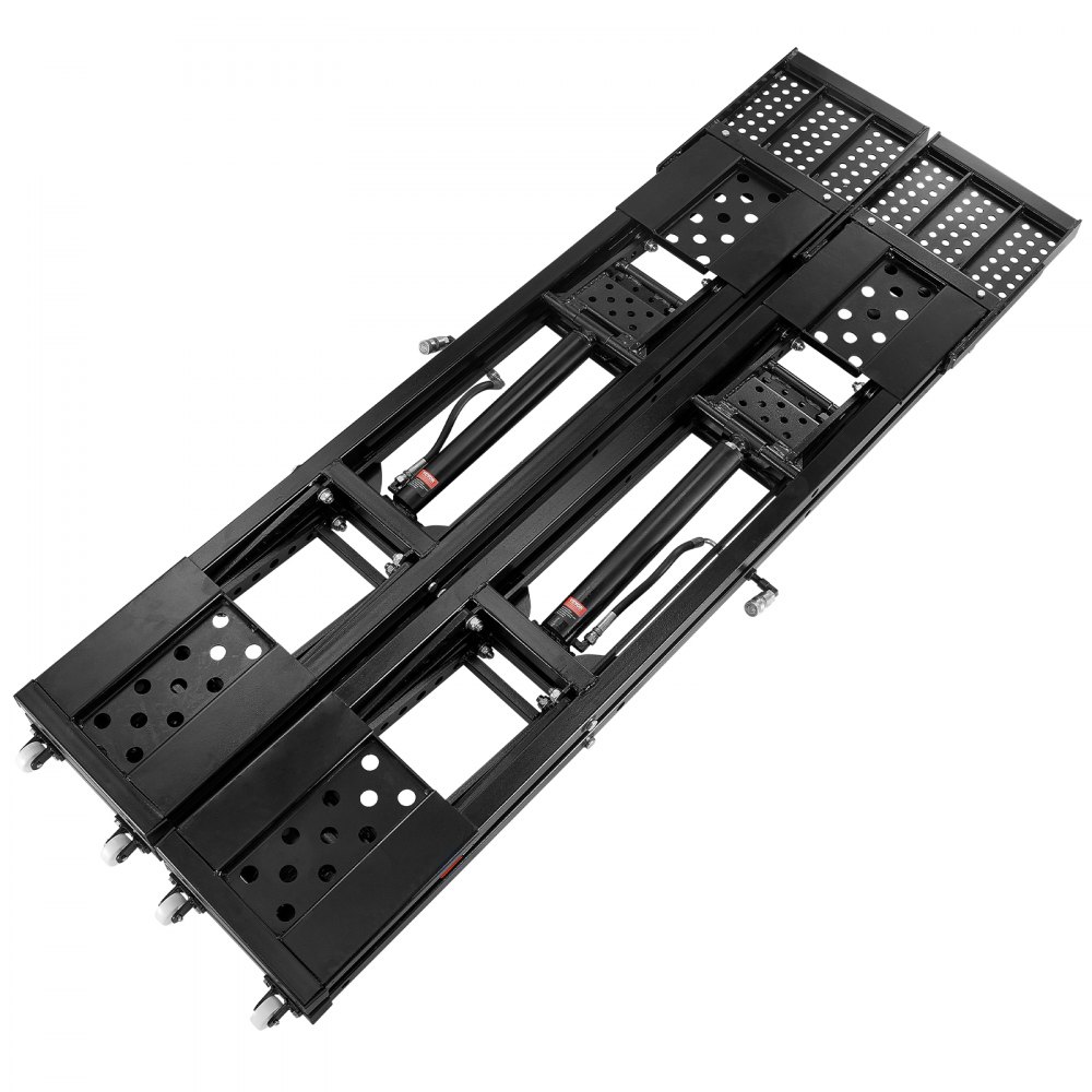 Elevador de vehículos portátil VEVOR, estructura de acero negro con cilindros hidráulicos y plataformas perforadas.