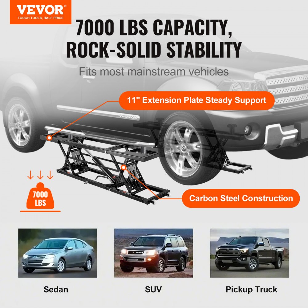 Elevador de vehículos VEVOR, portátil, con capacidad de 3177 kg, con placas extendidas y altura máxima de 68 cm, de acero al carbono de alta resistencia con motor de 120 V, ideal para garajes, talleres y hogares.