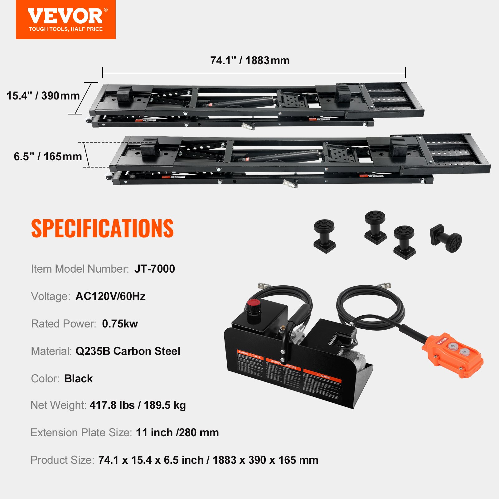 Elevador de automóviles portátil VEVOR, 74,1 x 15,4 x 6,5 pulgadas, CA 120 V/60 Hz, 0,75 kW, estructura de acero negro.