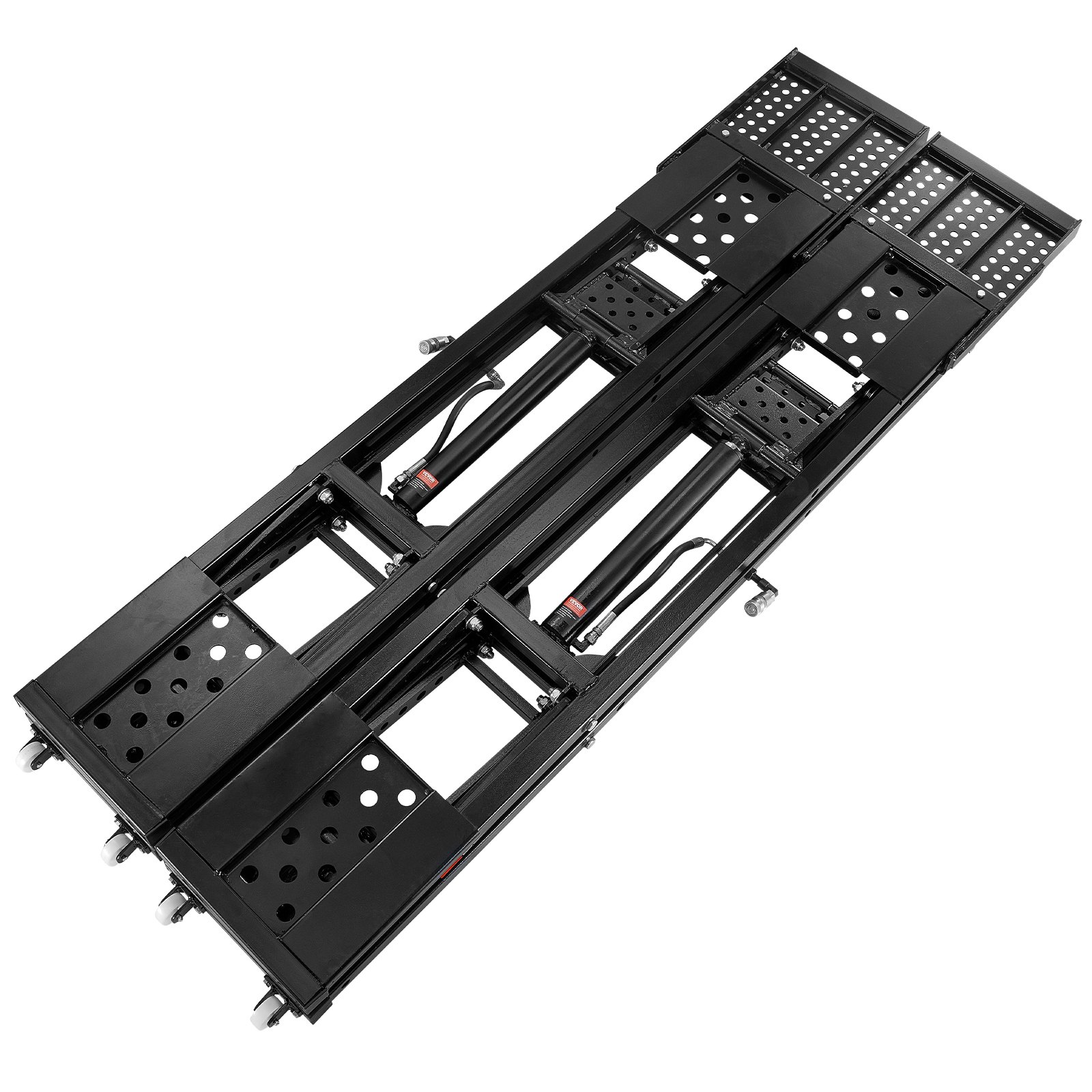 Elevador de vehículos portátil VEVOR, estructura de acero negro con cilindros hidráulicos y plataformas perforadas.