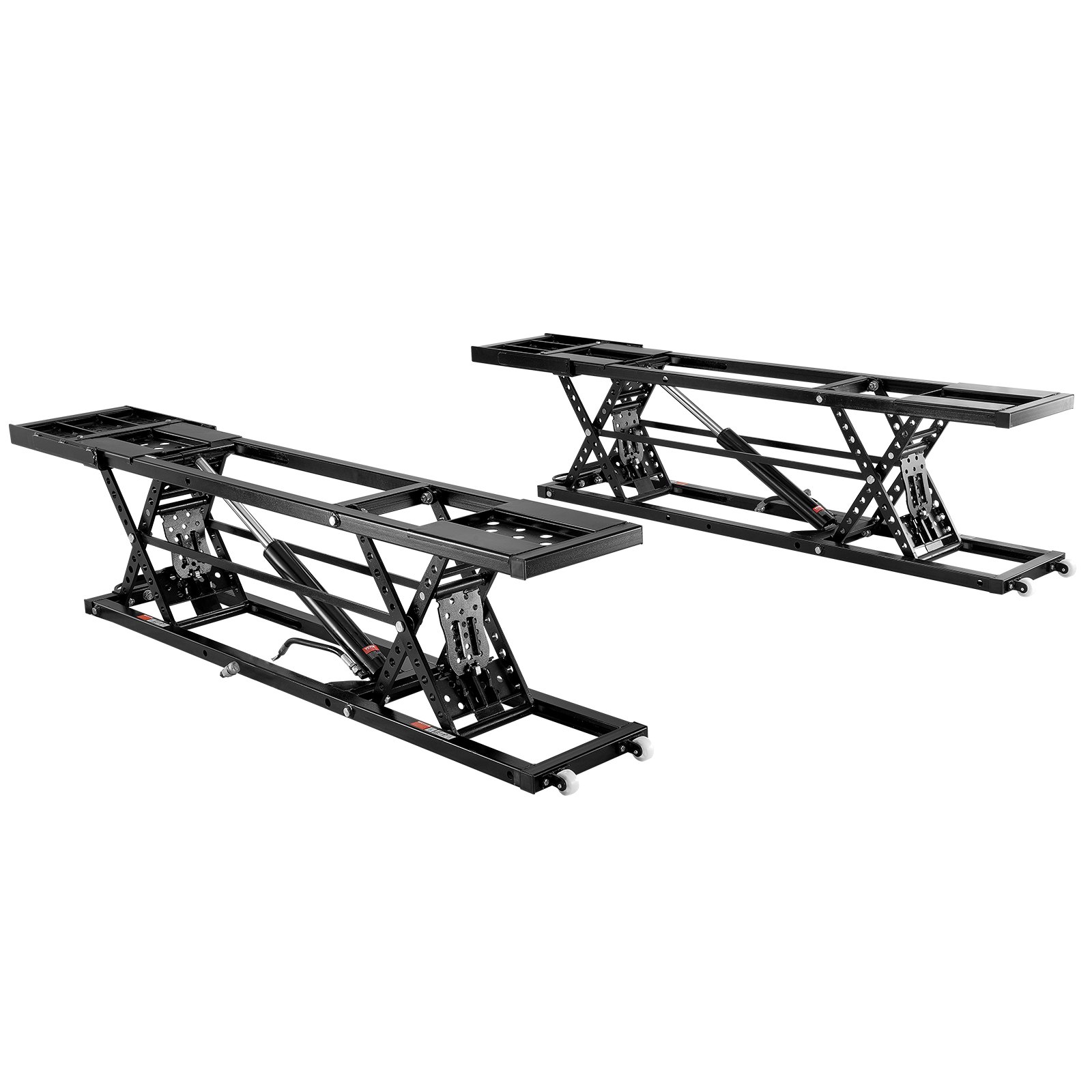 Elevador de coches portátil VEVOR en color negro con soporte en forma de X y ruedas giratorias, mostrado en dos posiciones.