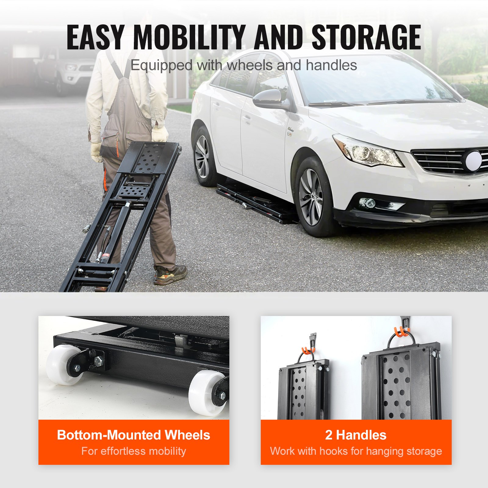 Elevador de vehículos VEVOR, portátil, con capacidad de 3177 kg, con placas extendidas y altura máxima de 68 cm, de acero al carbono de alta resistencia con motor de 120 V, ideal para garajes, talleres y hogares.