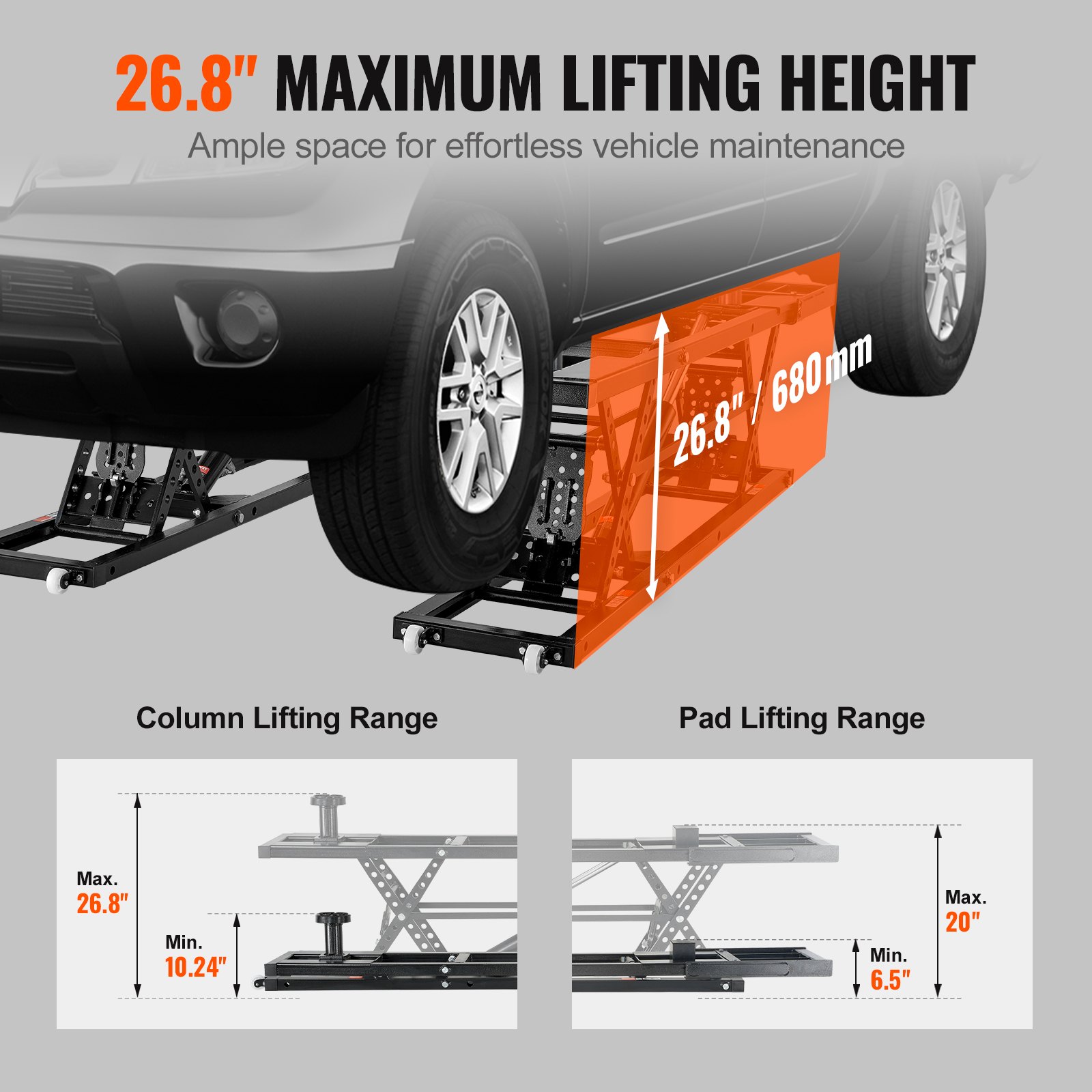 Elevador de vehículos VEVOR, portátil, con capacidad de 3177 kg, con placas extendidas y altura máxima de 68 cm, de acero al carbono de alta resistencia con motor de 120 V, ideal para garajes, talleres y hogares.