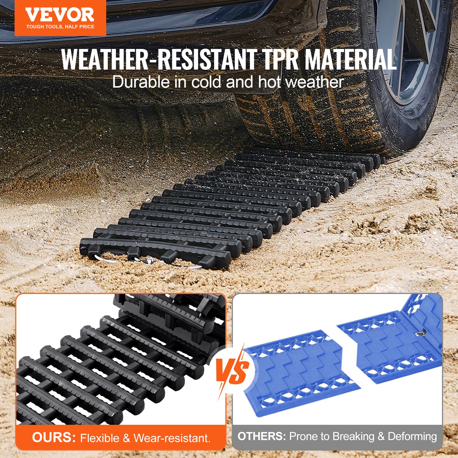 Tablas de tracción VEVOR de 7 toneladas con material TPR, tablas de recuperación para vehículos todoterreno, coches, camionetas, SUV y autocaravanas. Par de alfombrillas de tracción para neumáticos en nieve, arena, barro y terrenos sueltos. Bolsas de almacenamiento, cortas, negras.