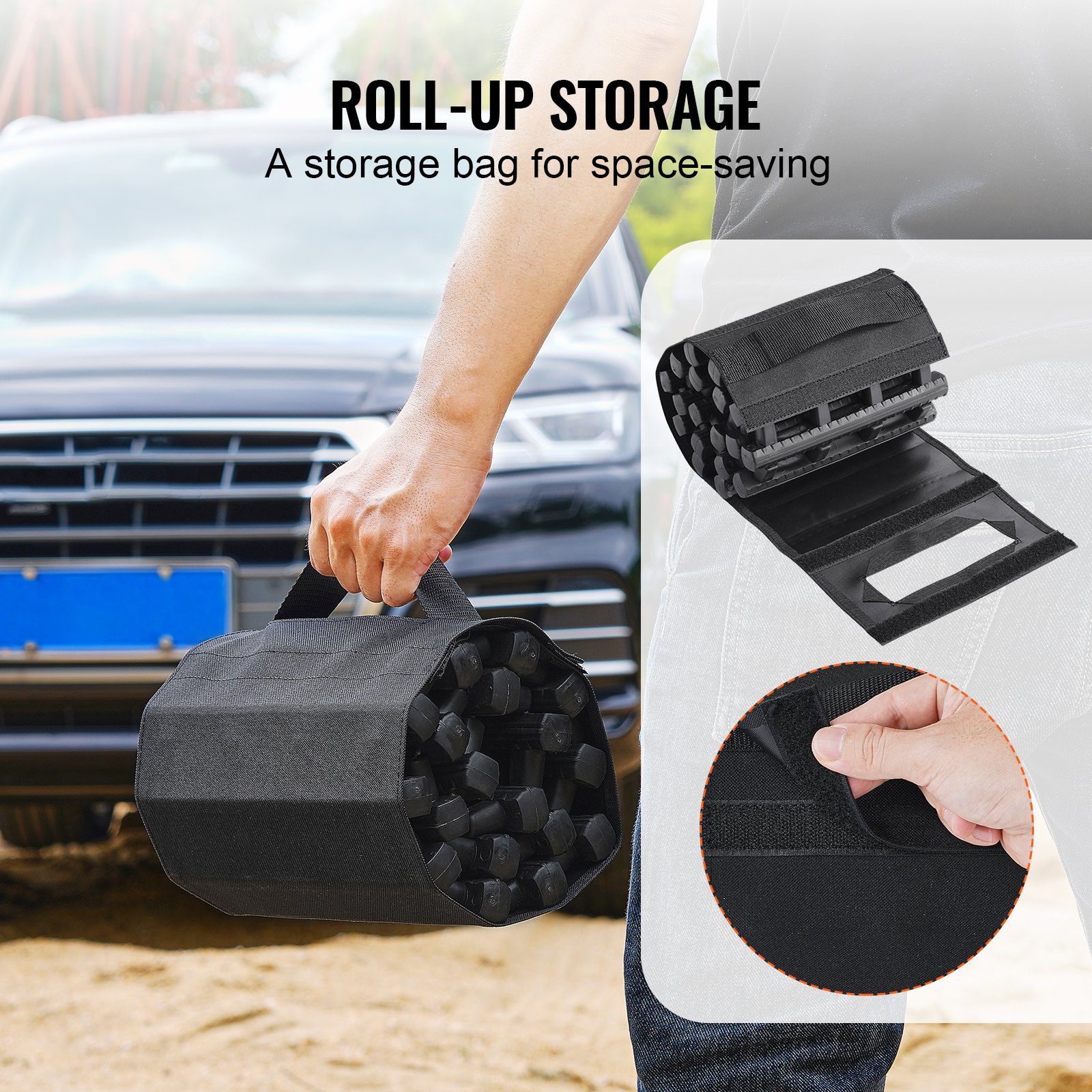 Tablas de tracción VEVOR de 7 toneladas con material TPR, tablas de recuperación para vehículos todoterreno, coches, camionetas, SUV y autocaravanas. Par de alfombrillas de tracción para neumáticos en nieve, arena, barro y terrenos sueltos. Bolsas de almacenamiento, cortas, negras.