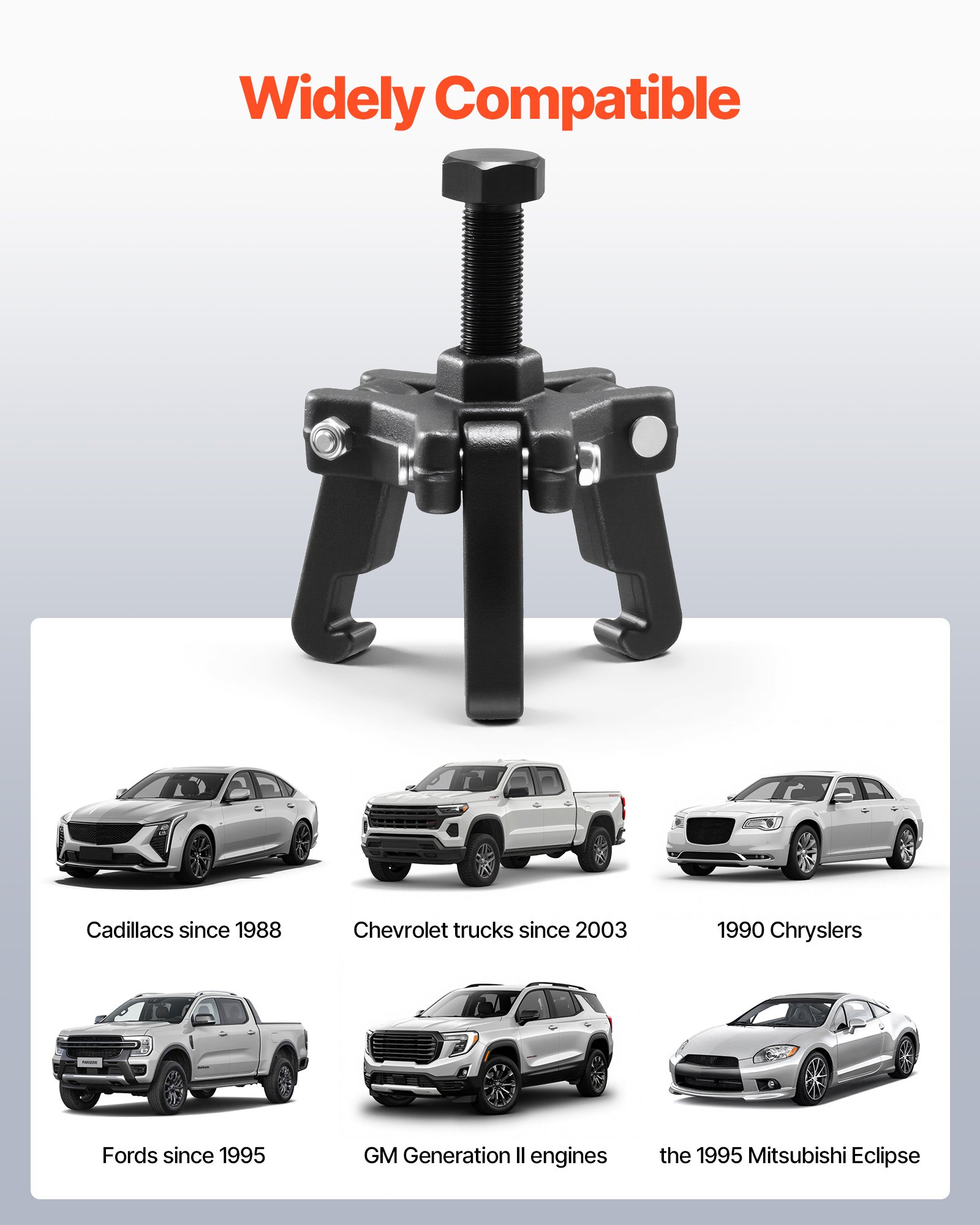 Kit extractor de equilibrador armónico VEVOR, extractor ajustable de 3 mordazas, compatible con la mayoría de los vehículos de modelos recientes. Juego de extractor de polea de 3 mordazas con 4 varillas de fuerza para extraer equilibradores armónicos sin desmontar el radiador.