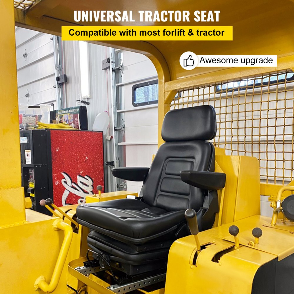 VEVOR Asiento de suspensión universal para tractor, ángulo de respaldo de 35-170°, asiento de aire ajustable de repuesto con cinturón de seguridad e interruptor de seguridad, compatible con carretilla elevadora/furgoneta/cortacésped, vinilo negro