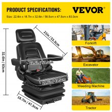 VEVOR Asiento de suspensión universal para tractor, ángulo de respaldo de 35-170°, asiento de aire ajustable de repuesto con cinturón de seguridad e interruptor de seguridad, compatible con carretilla elevadora/furgoneta/cortacésped, vinilo negro