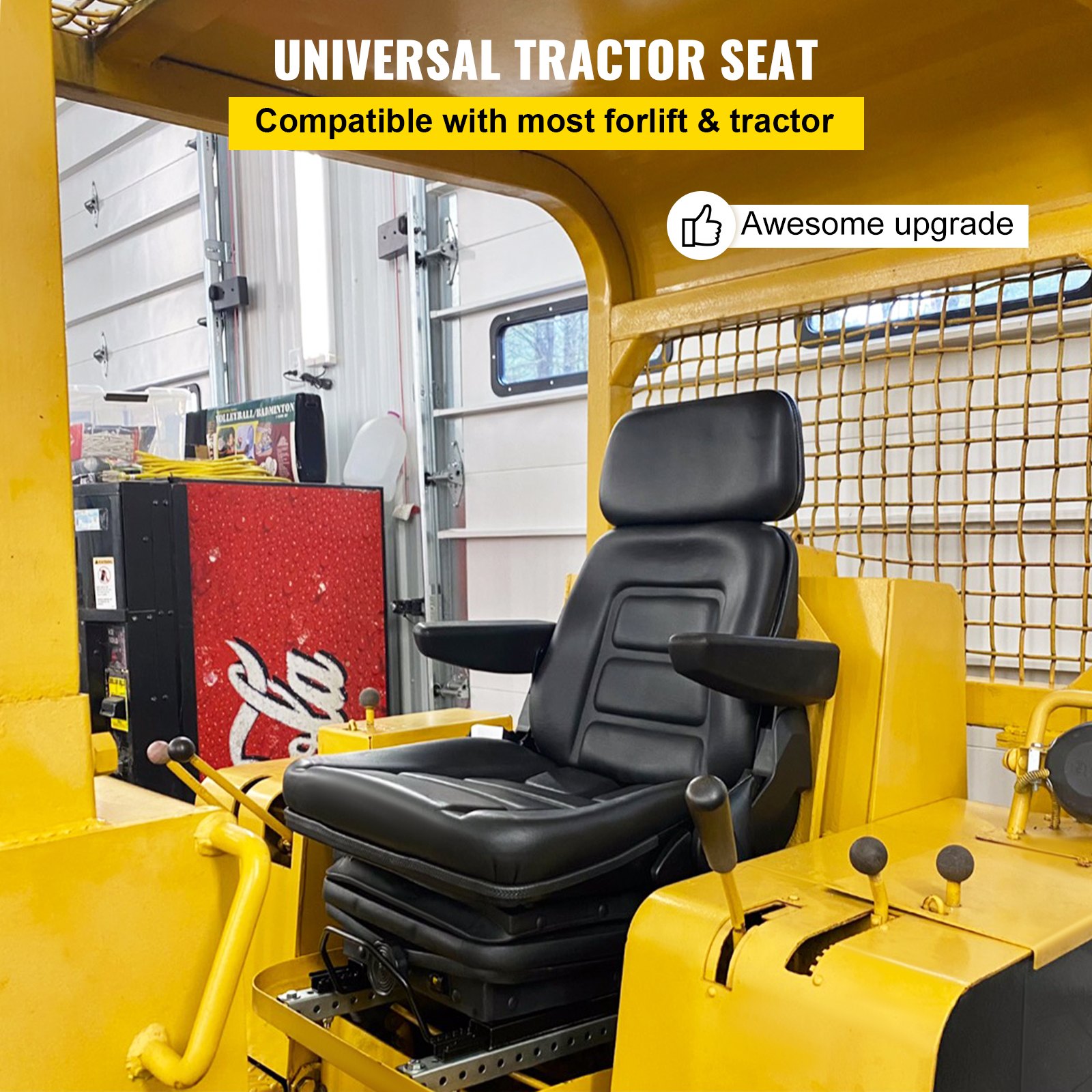 VEVOR Asiento de suspensión universal para tractor, ángulo de respaldo de 35-170°, asiento de aire ajustable de repuesto con cinturón de seguridad e interruptor de seguridad, compatible con carretilla elevadora/furgoneta/cortacésped, vinilo negro