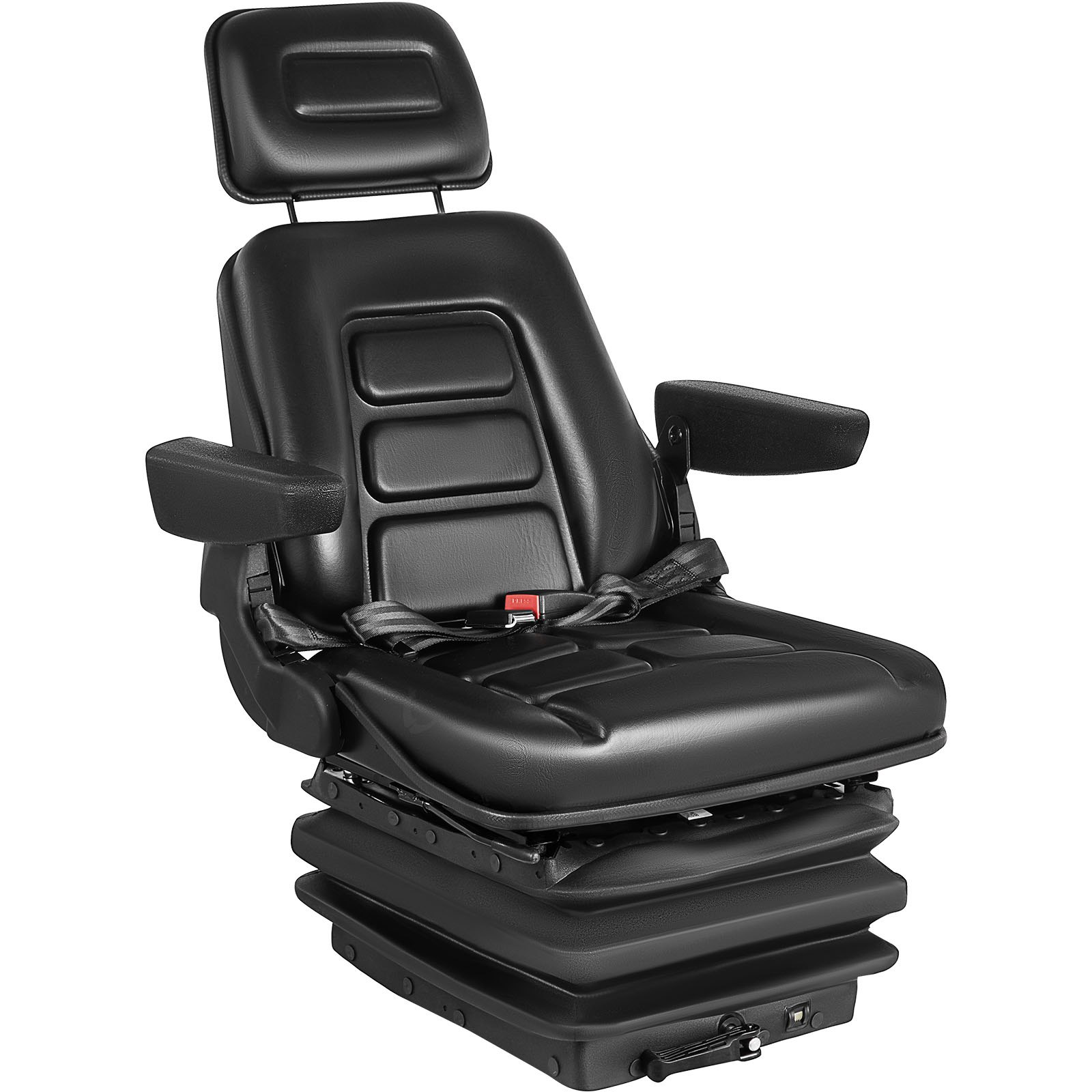 VEVOR Asiento de suspensión universal para tractor, ángulo de respaldo de 35-170°, asiento de aire ajustable de repuesto con cinturón de seguridad e interruptor de seguridad, compatible con carretilla elevadora/furgoneta/cortacésped, vinilo negro