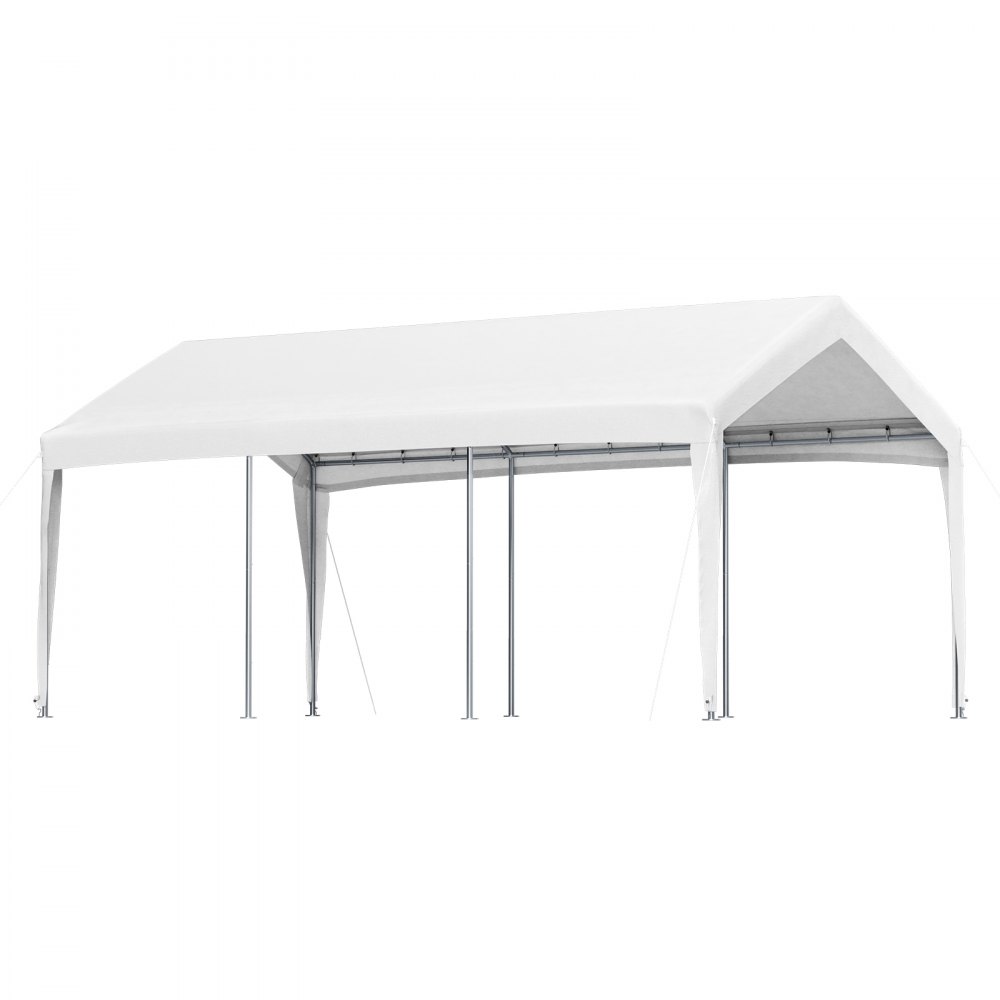 Marquesina para cochera VEVOR blanca con estructura de metal y techo inclinado, que ofrece protección para el vehículo en exteriores.