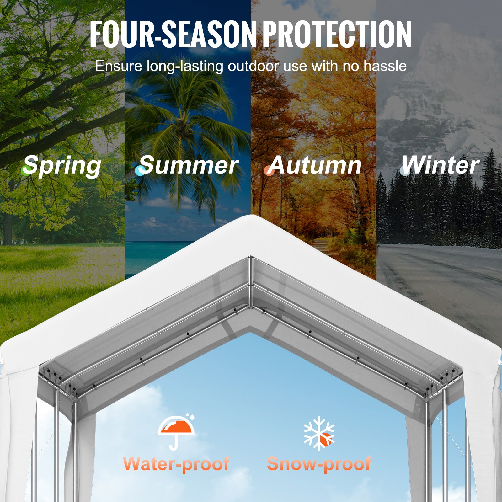 Toldo para cochera VEVOR que ofrece protección para las cuatro estaciones: primavera, verano, otoño e invierno.