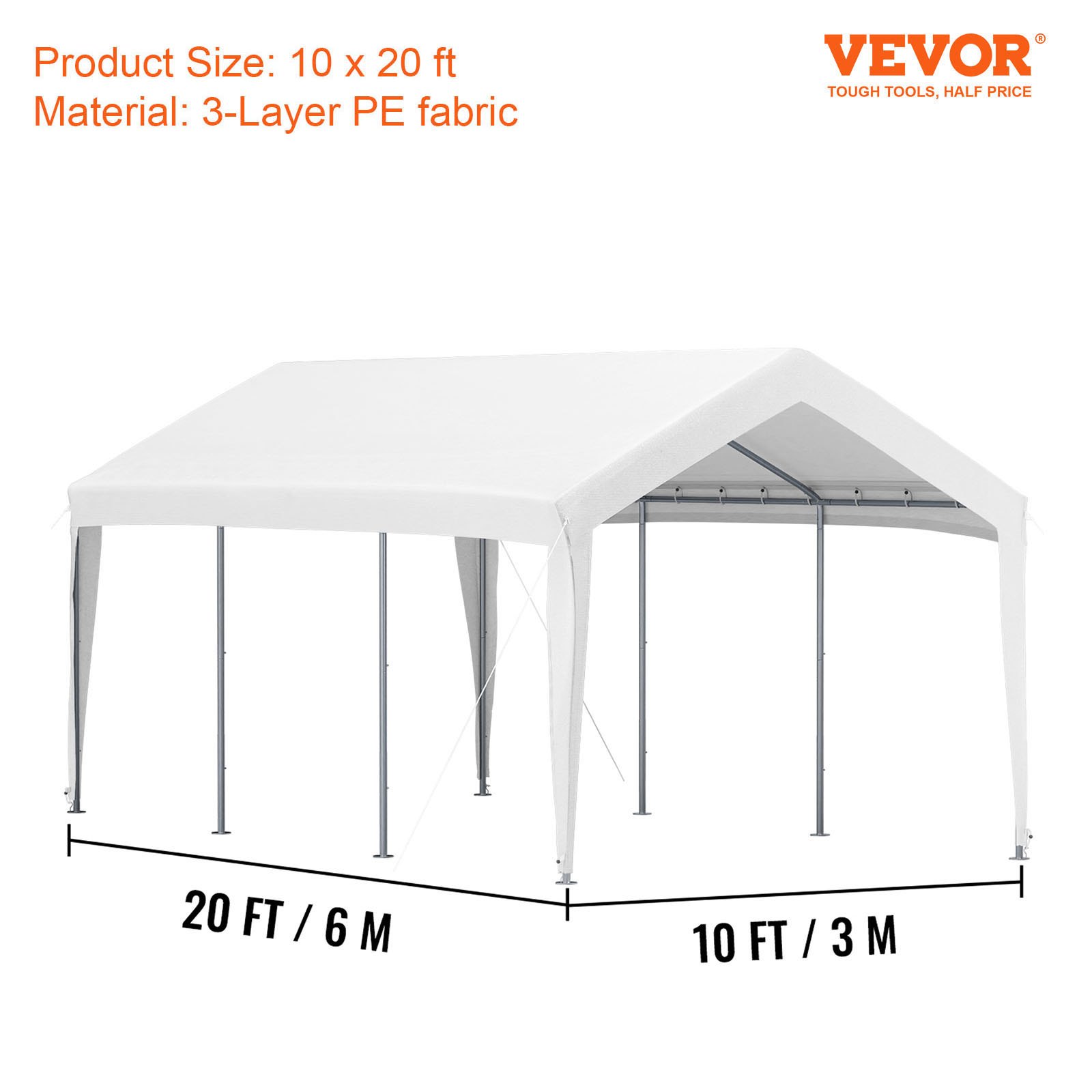 Marquesina para cochera VEVOR, 10 x 20 pies, tela PE de 3 capas, estructura resistente, refugio espacioso.