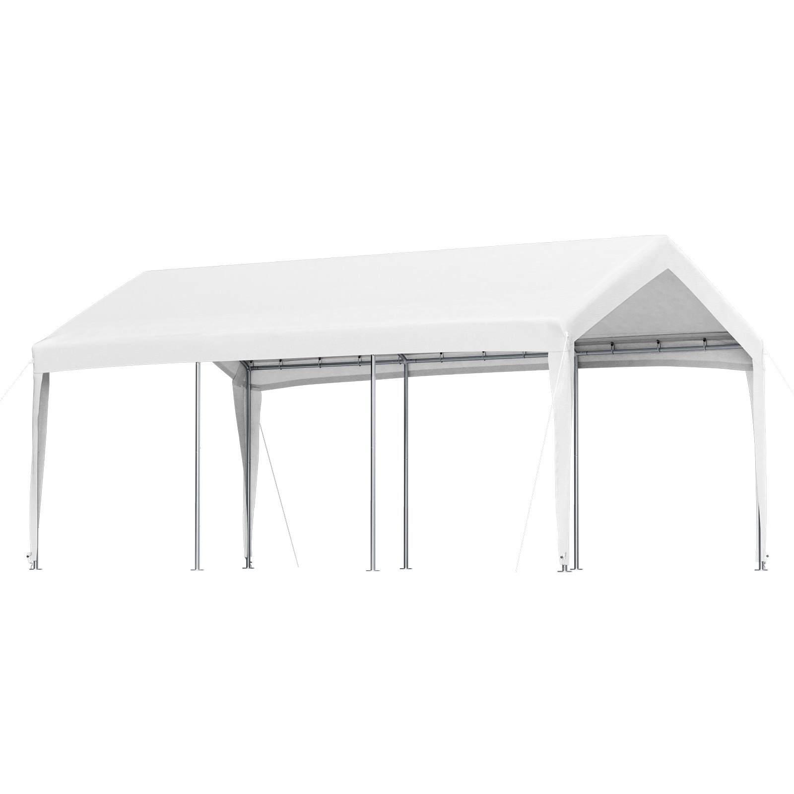 Marquesina para cochera VEVOR blanca con estructura de metal y techo inclinado, que ofrece protección para el vehículo en exteriores.