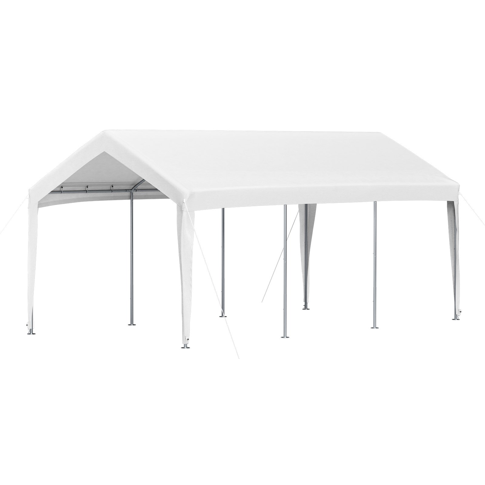 Marquesina para cochera VEVOR con cubierta blanca y estructura de acero sobre fondo blanco.