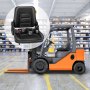 Carretilla elevadora en almacén con primer plano del asiento de la carretilla elevadora VEVOR con cinturón de seguridad.