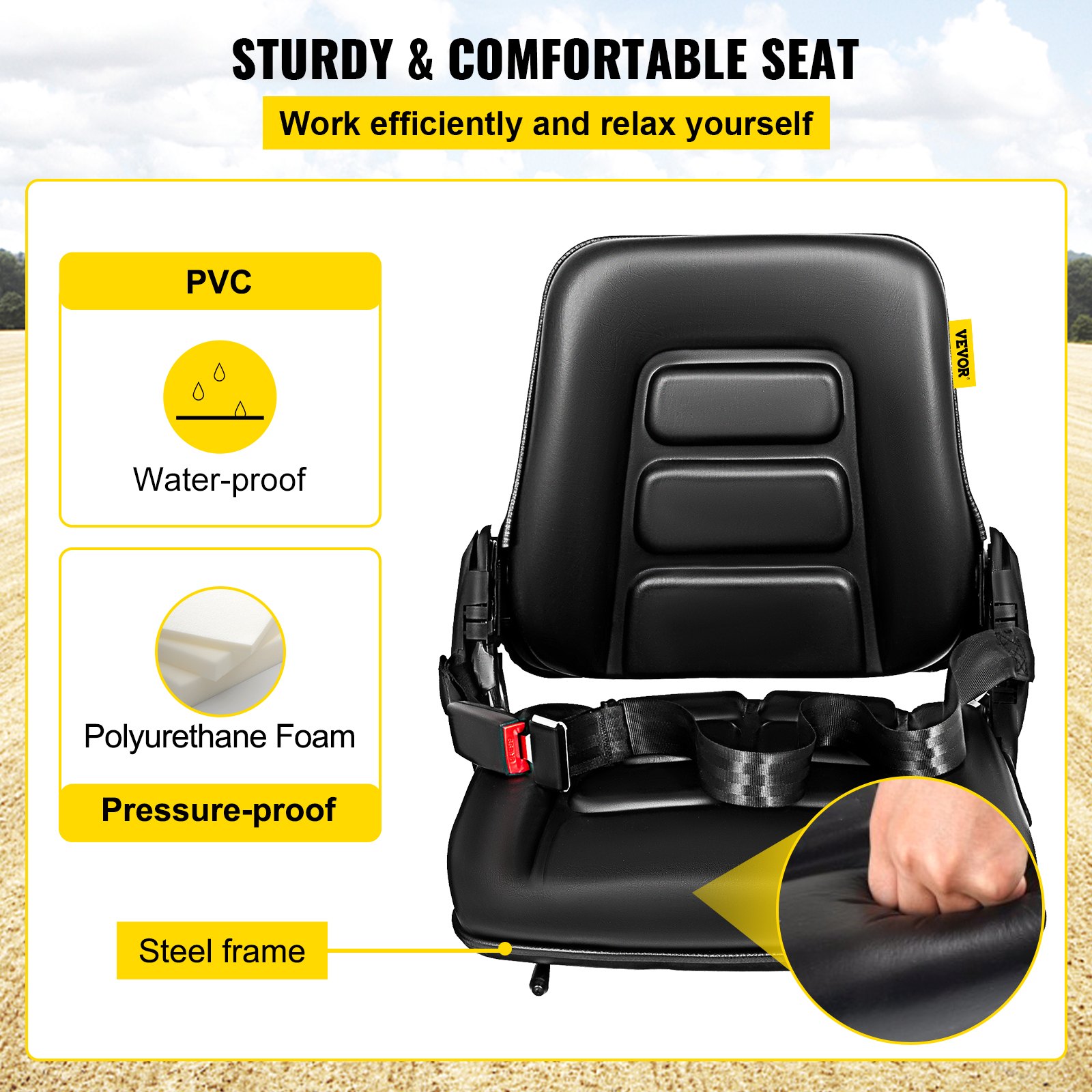 Asiento de carretilla elevadora VEVOR con PVC impermeable, espuma a prueba de presión y marco de acero.