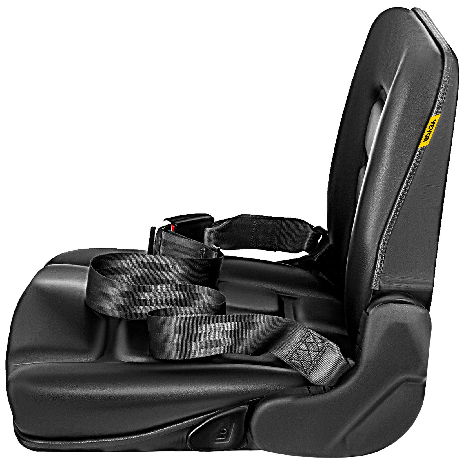 Asiento para carretilla elevadora VEVOR con cinturón de seguridad, diseño ergonómico y tapizado negro duradero.