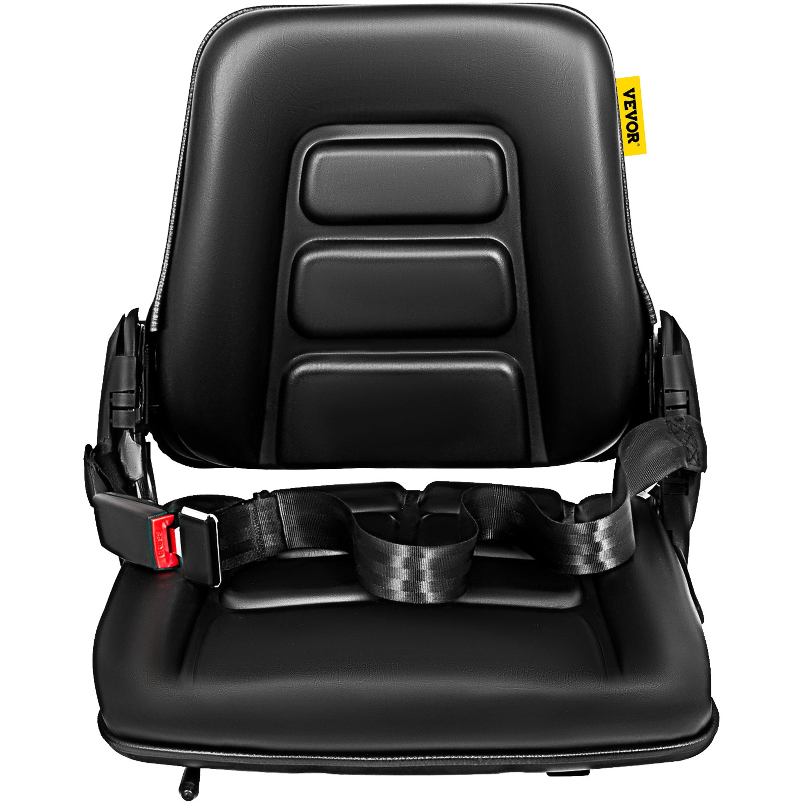 Asiento de carretilla elevadora VEVOR negro con cinturón de seguridad ajustable y amortiguación ergonómica.