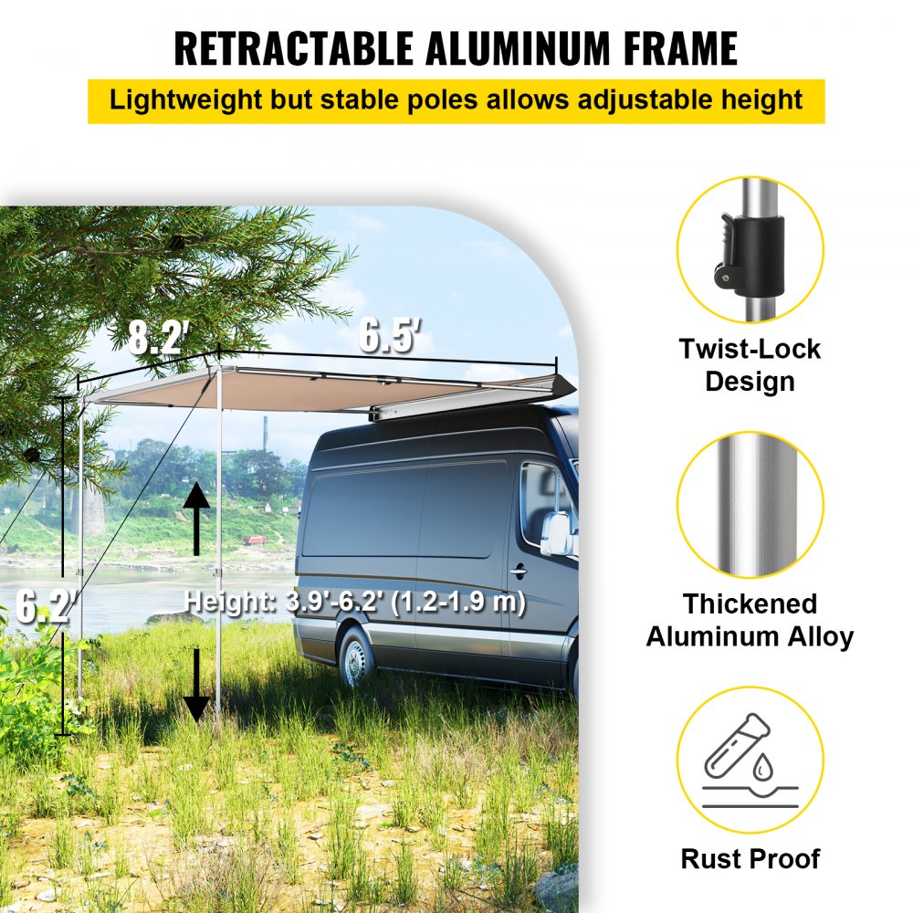 Toldo lateral para automóvil VEVOR, 8.2'x6.5', toldo retráctil extraíble para vehículo, resistente al agua UV50+, postes telescópicos, parasol para remolque, tienda de campaña en la azotea con bolsa de transporte para Jeep/SUV/camión/furgoneta, viajes de camping al aire libre, caqui