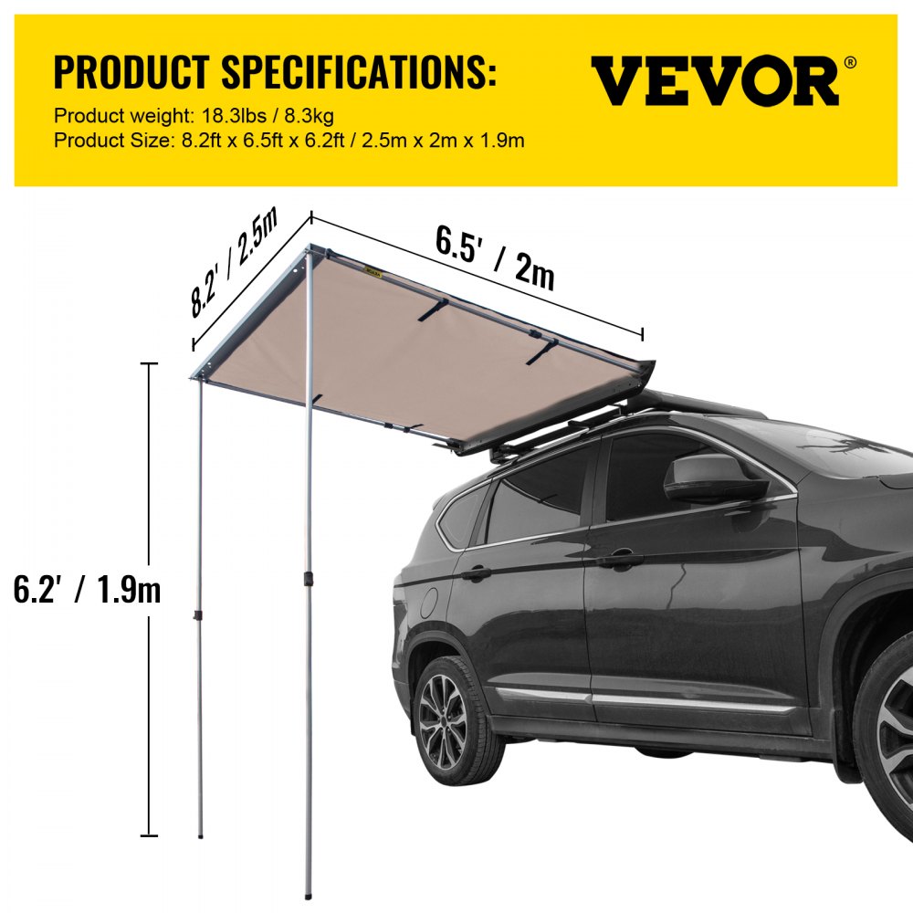 Toldo lateral para automóvil VEVOR, 8.2'x6.5', toldo retráctil extraíble para vehículo, resistente al agua UV50+, postes telescópicos, parasol para remolque, tienda de campaña en la azotea con bolsa de transporte para Jeep/SUV/camión/furgoneta, viajes de camping al aire libre, caqui